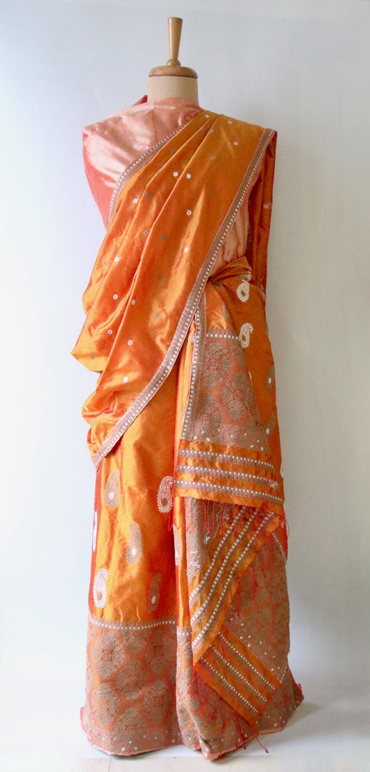 Orange Handloom Mulberry Silk Mekhla Chador Set