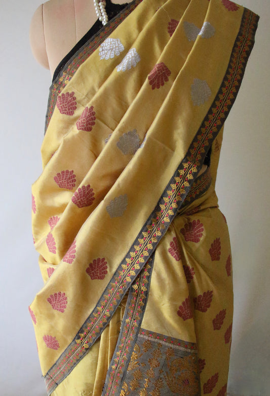 Mud Yellow Colour  Mulberry Silk Mekhela Chador Set