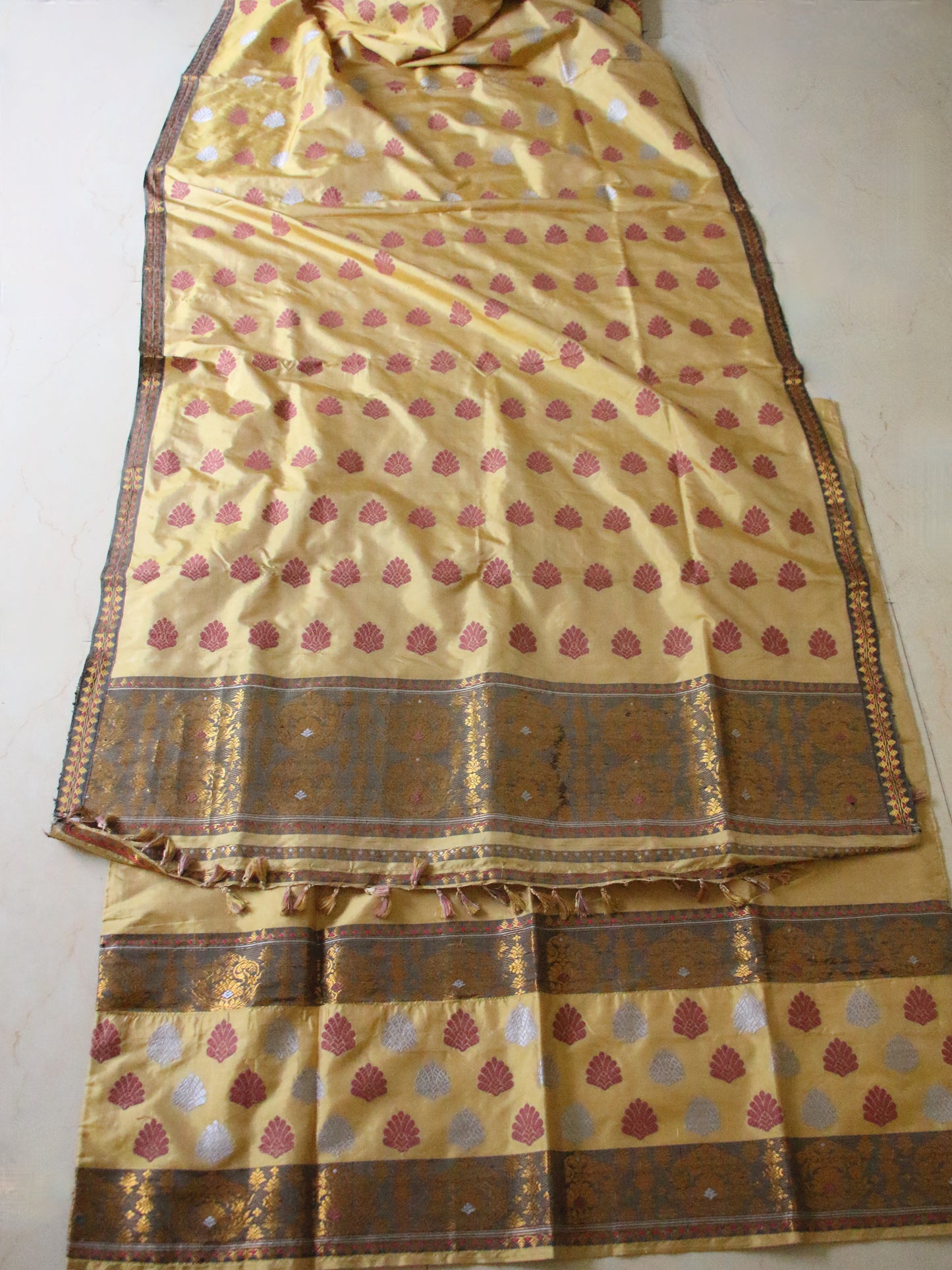 Mud Yellow Colour  Mulberry Silk Mekhela Chador Set