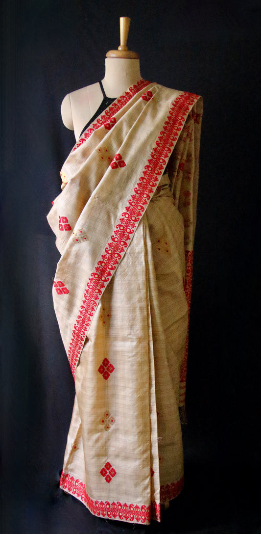 Handloom Tassar Silk Sari with traditional motifs from Assam