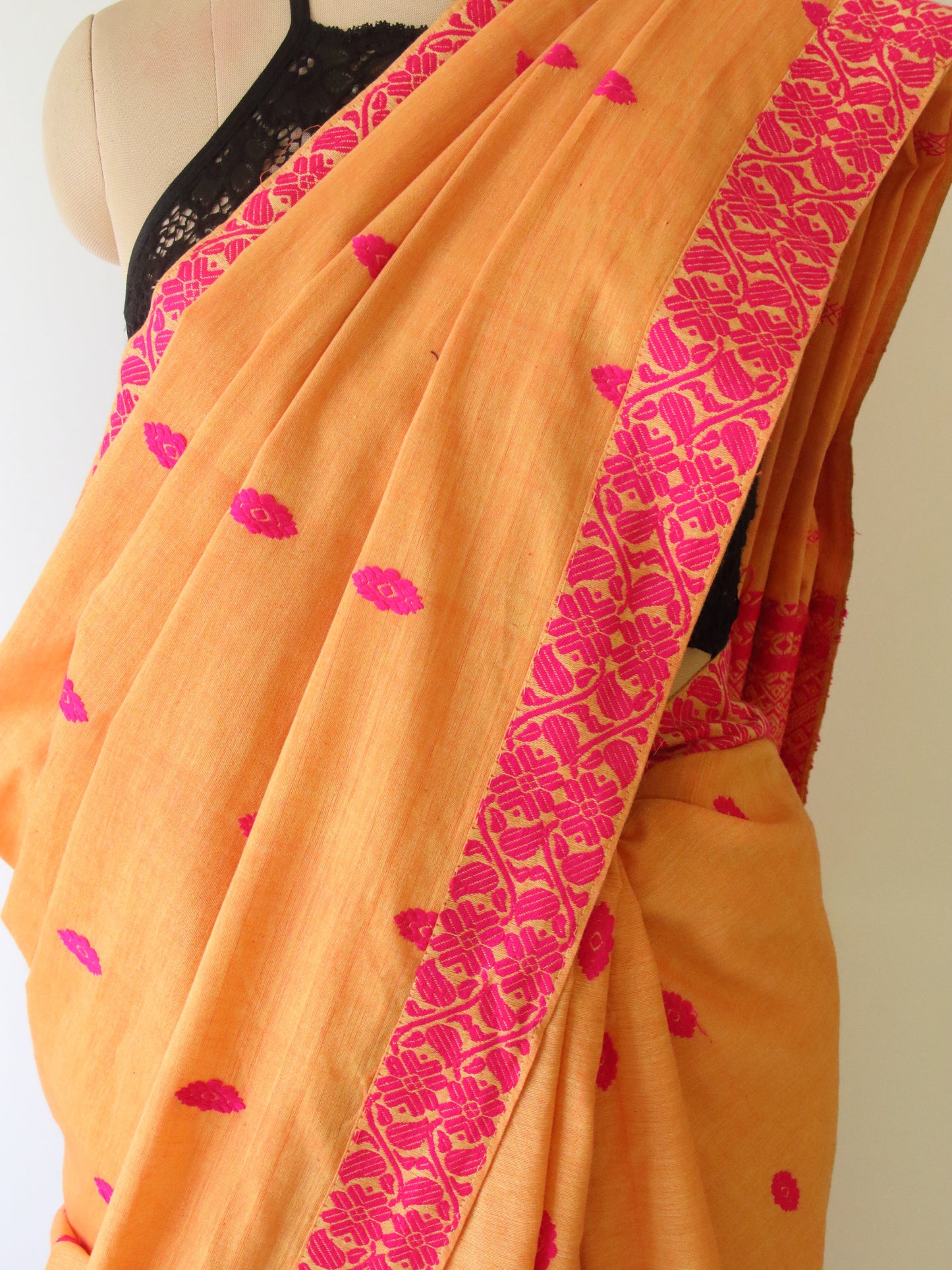 Orange Handloom Cotton Saree from Assam