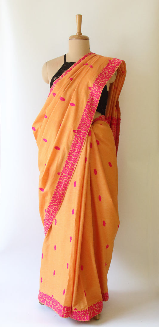 Orange Handloom Cotton Saree from Assam