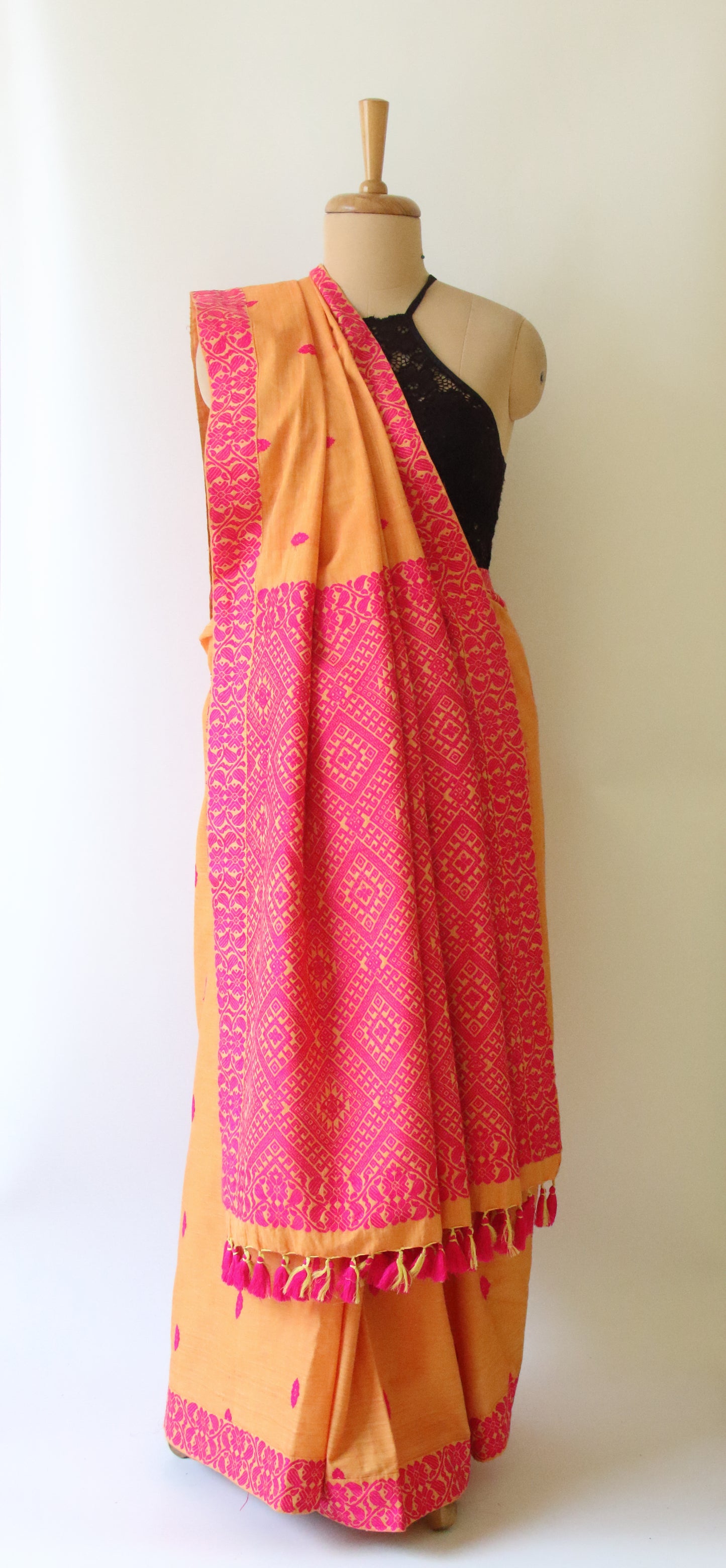 Orange Handloom Cotton Saree from Assam