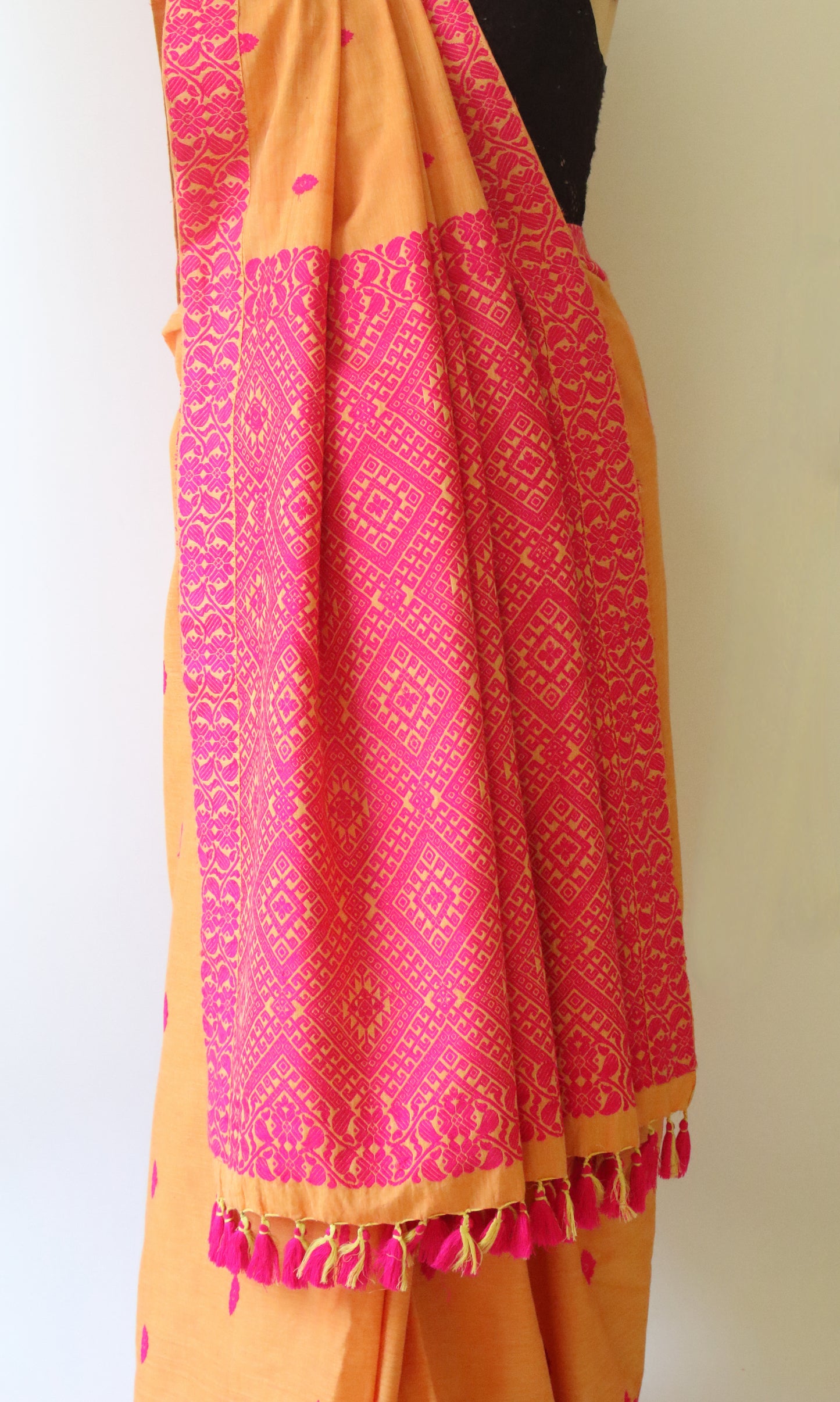 Orange Handloom Cotton Saree from Assam
