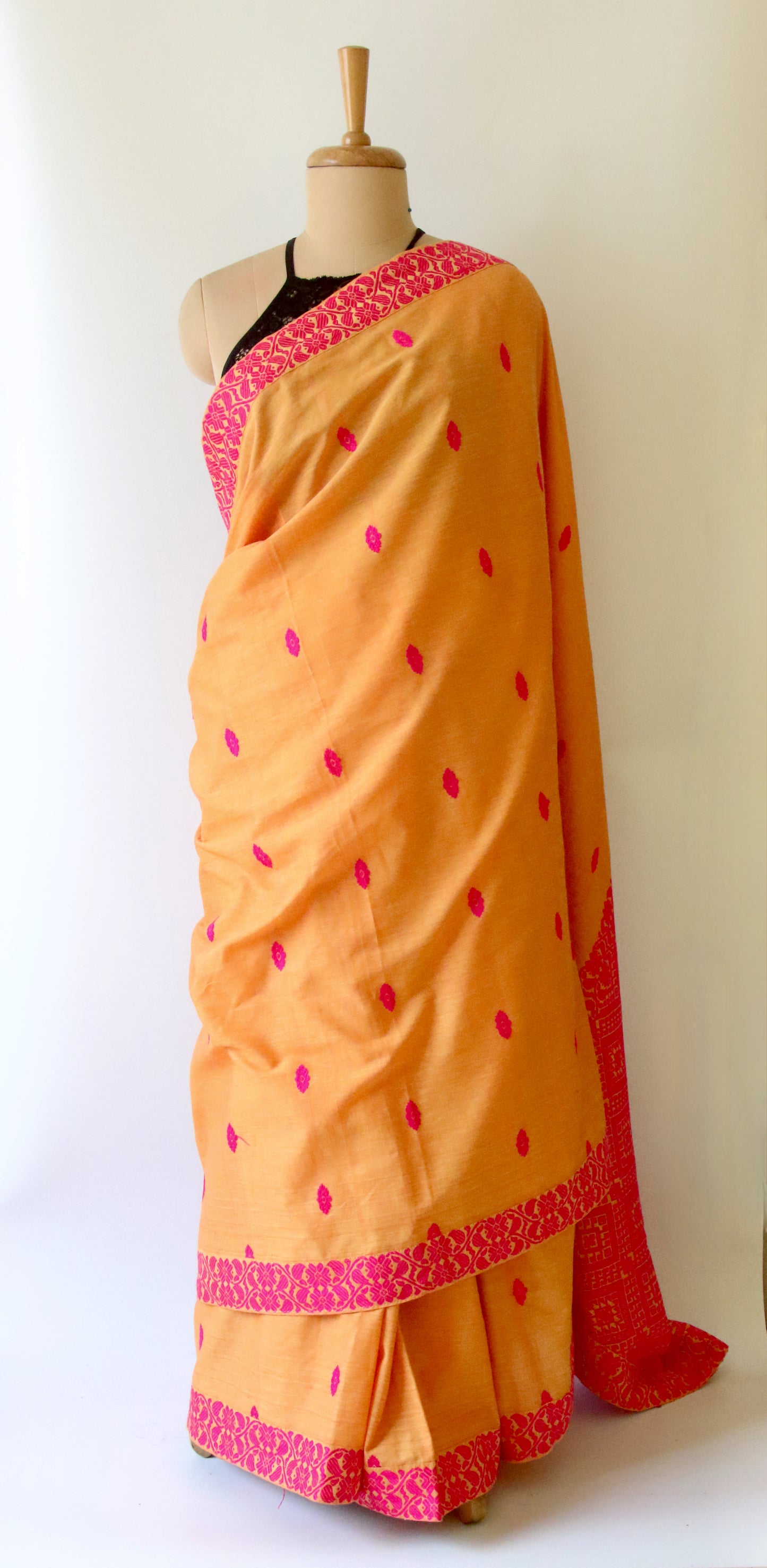 Orange Handloom Cotton Saree from Assam