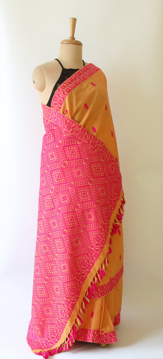 Orange Handloom Cotton Saree from Assam