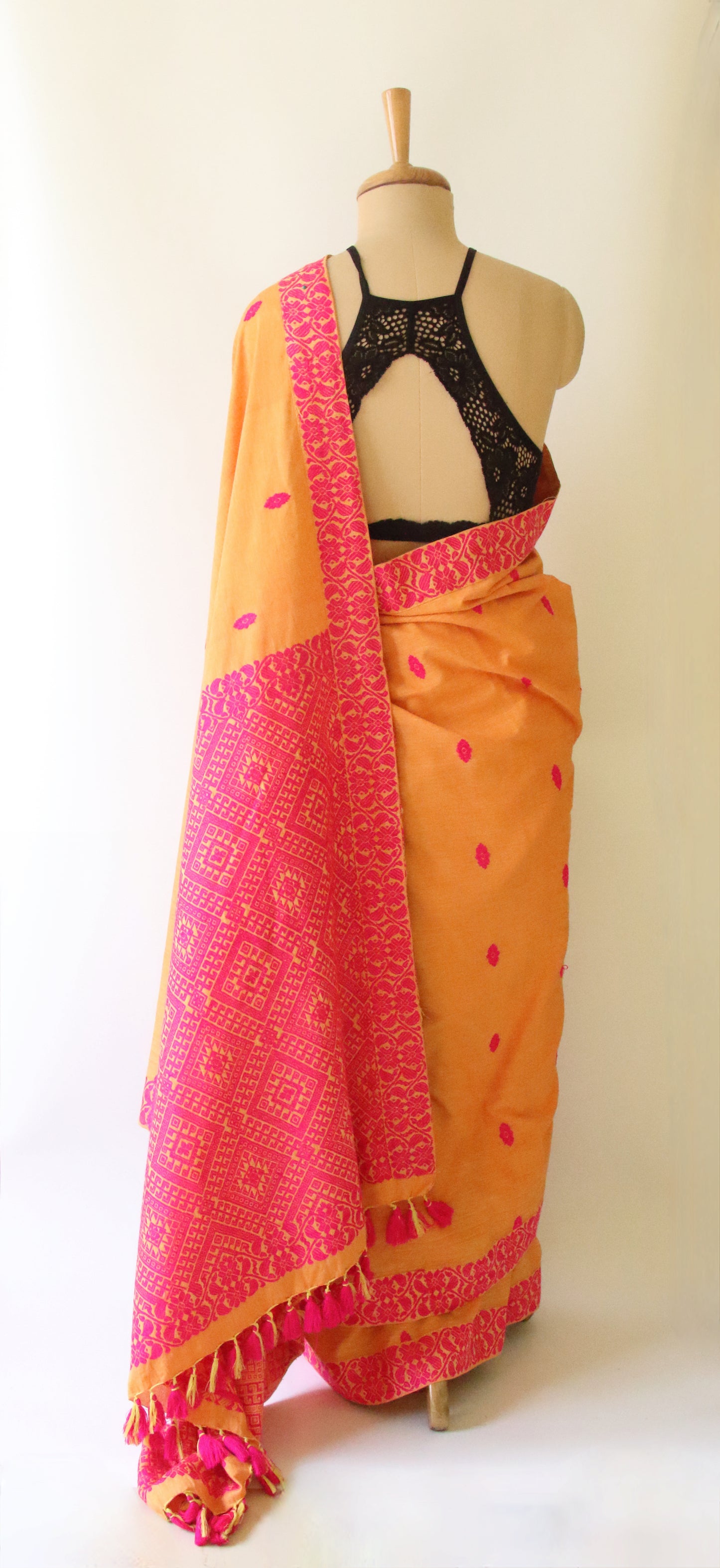 Orange Handloom Cotton Saree from Assam