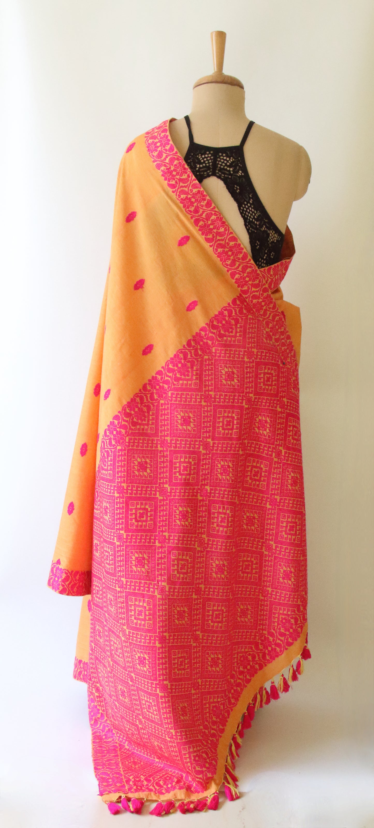 Orange Handloom Cotton Saree from Assam