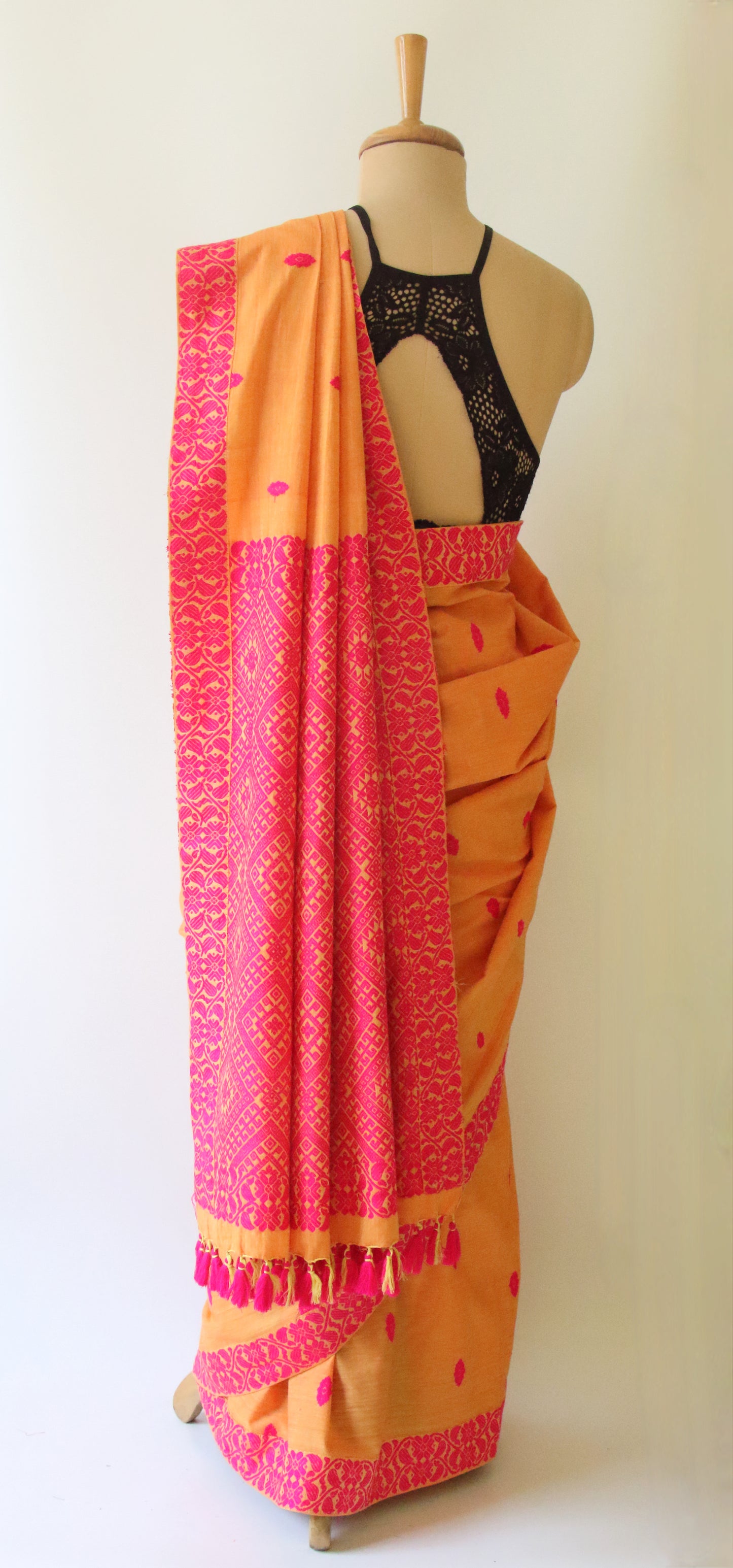 Orange Handloom Cotton Saree from Assam