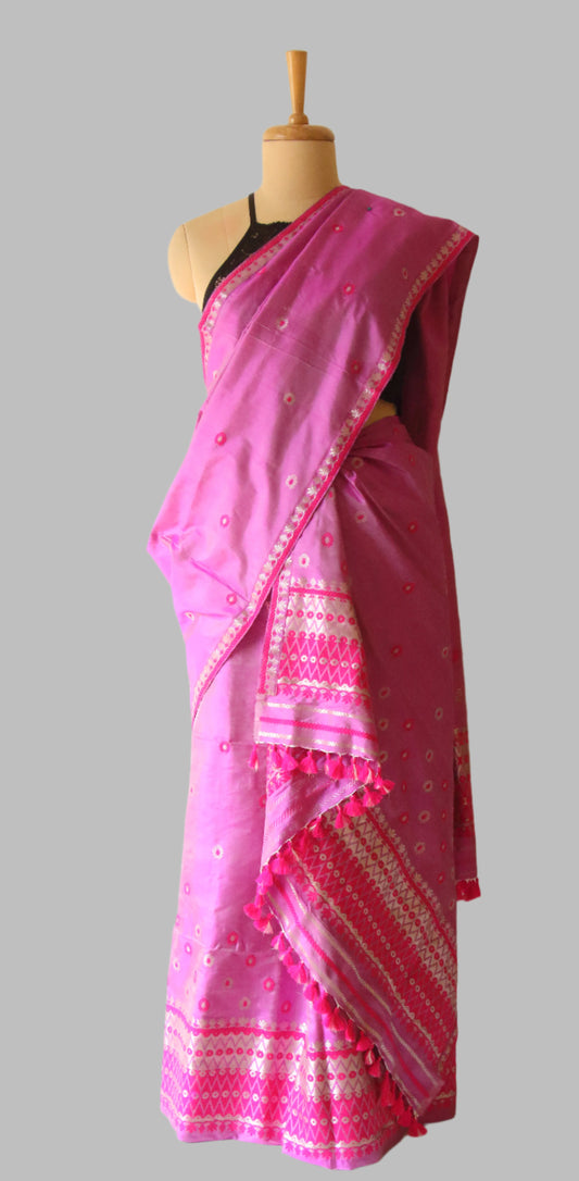 Pink Purple Mulberry Silk Mekhela Chador Set