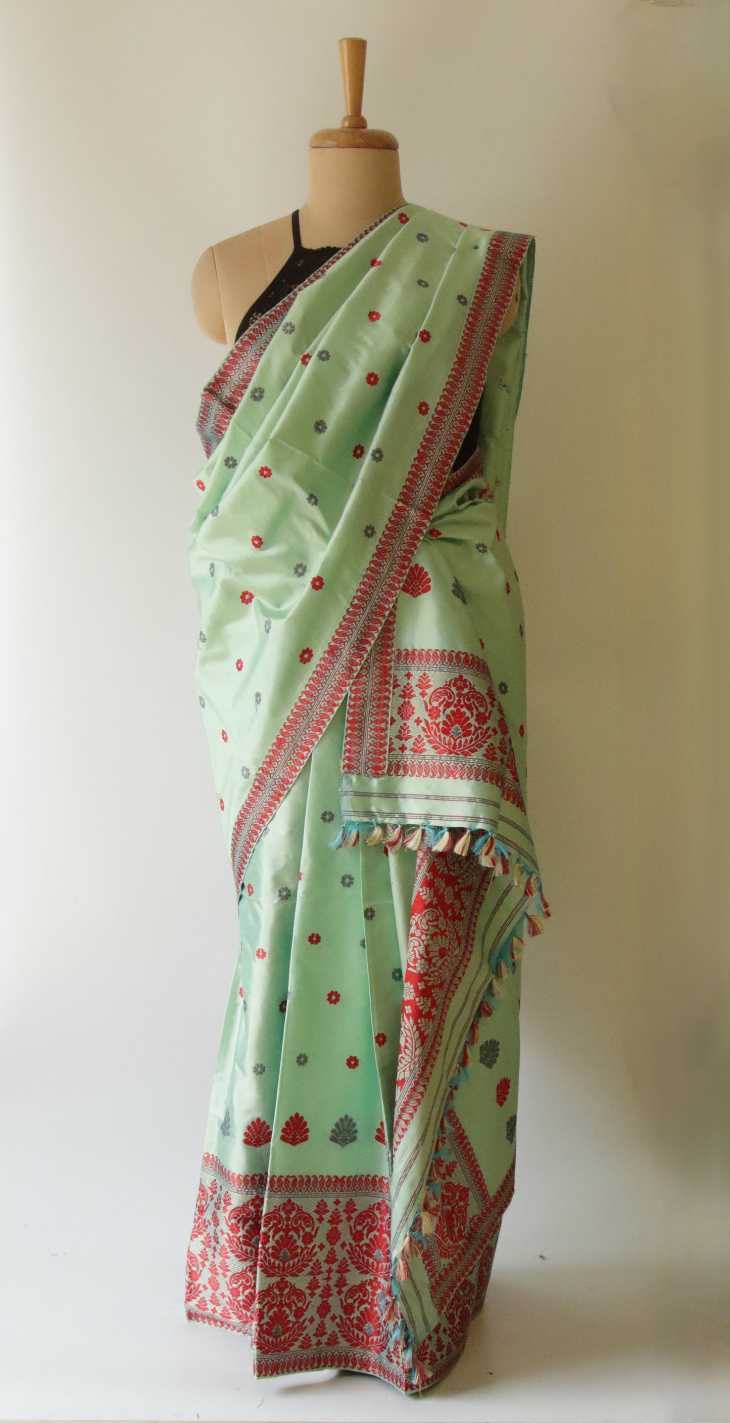 Soft Green  Mulberry Silk Mekhela Chador Set from Assam