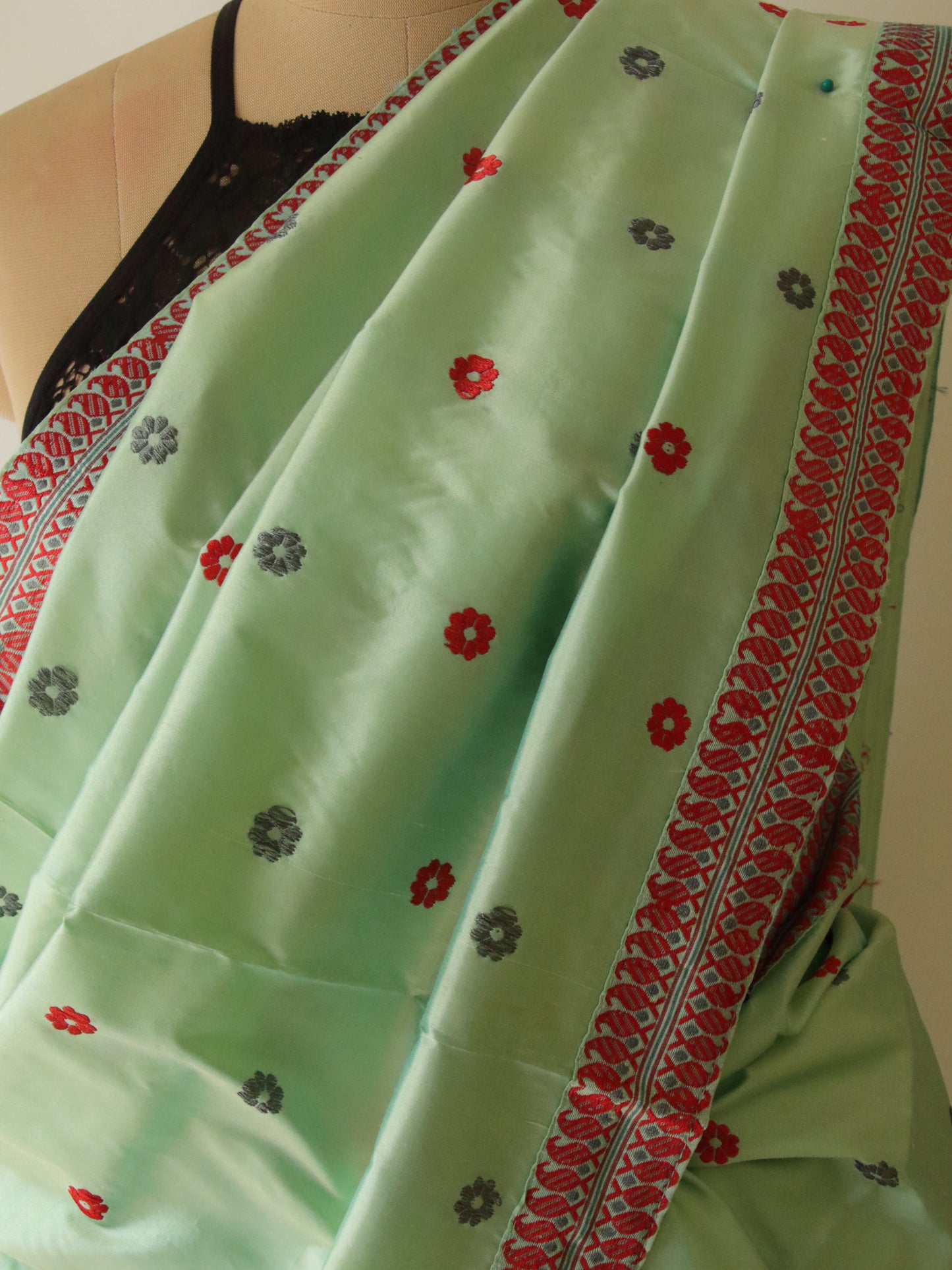 Soft Green  Mulberry Silk Mekhela Chador Set from Assam