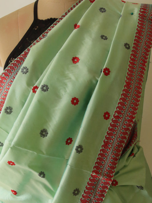 Soft Green  Mulberry Silk Mekhela Chador Set from Assam