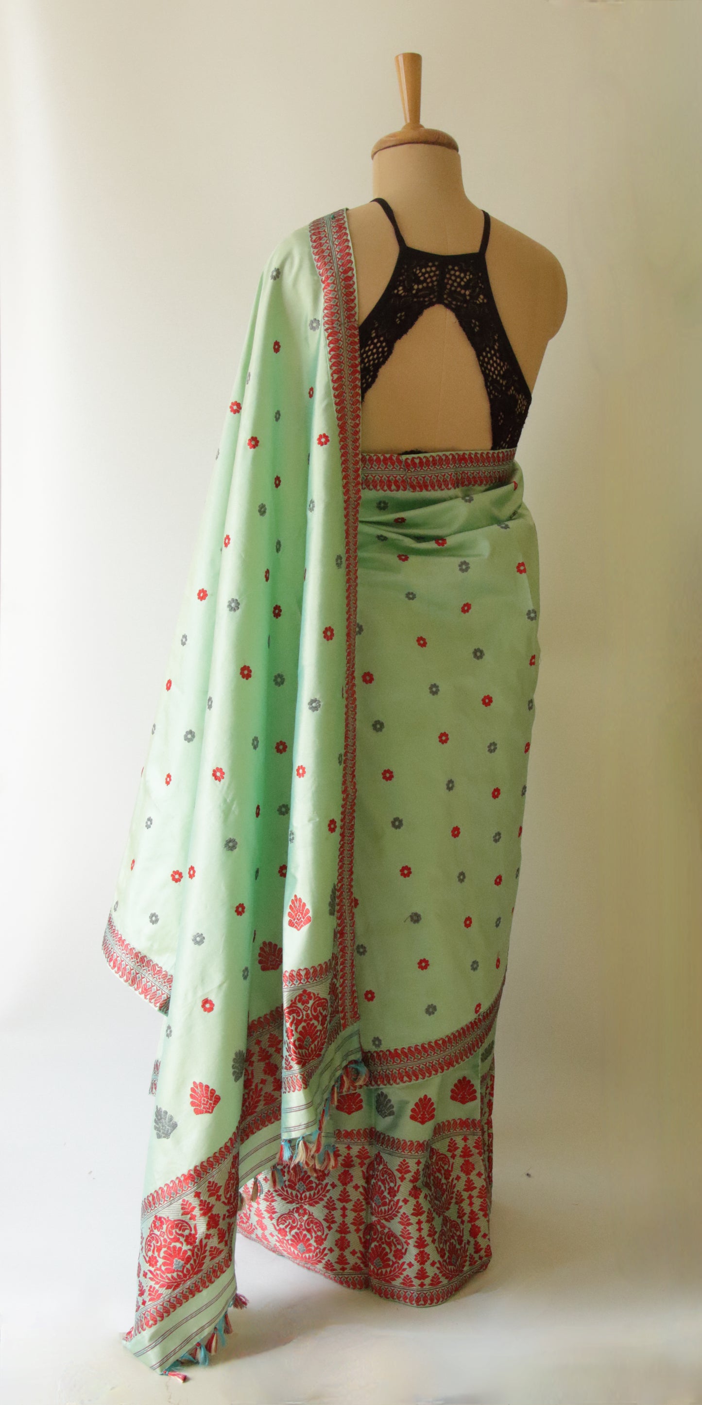 Soft Green  Mulberry Silk Mekhela Chador Set from Assam