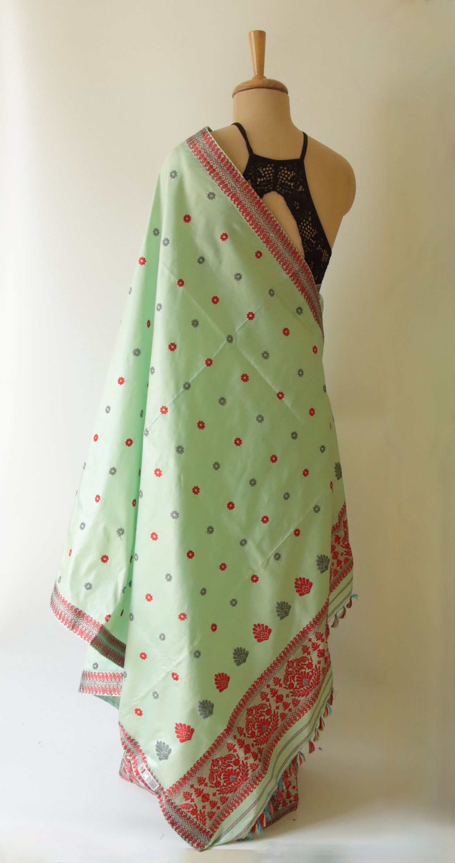 Soft Green  Mulberry Silk Mekhela Chador Set from Assam