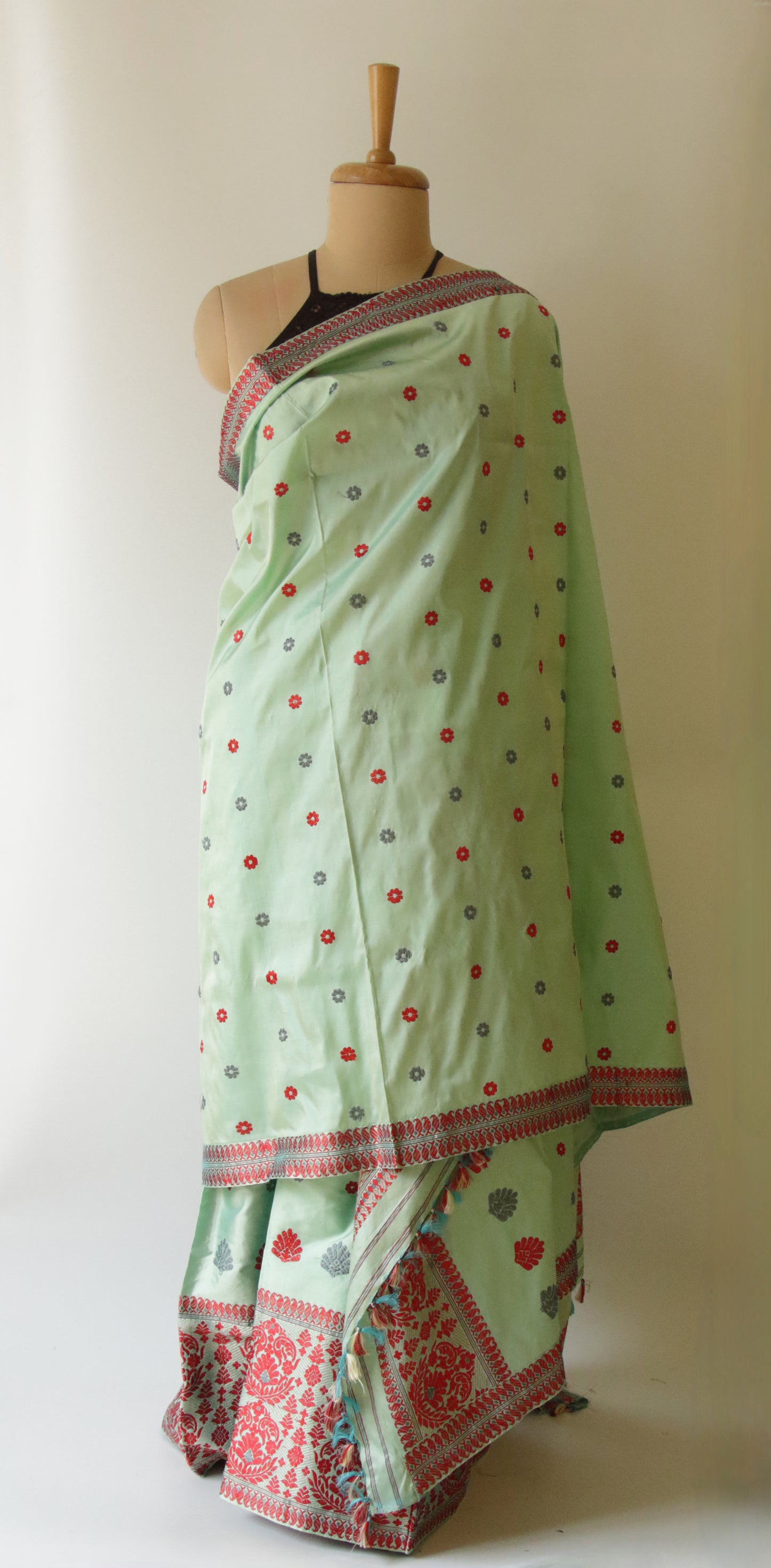 Soft Green  Mulberry Silk Mekhela Chador Set from Assam
