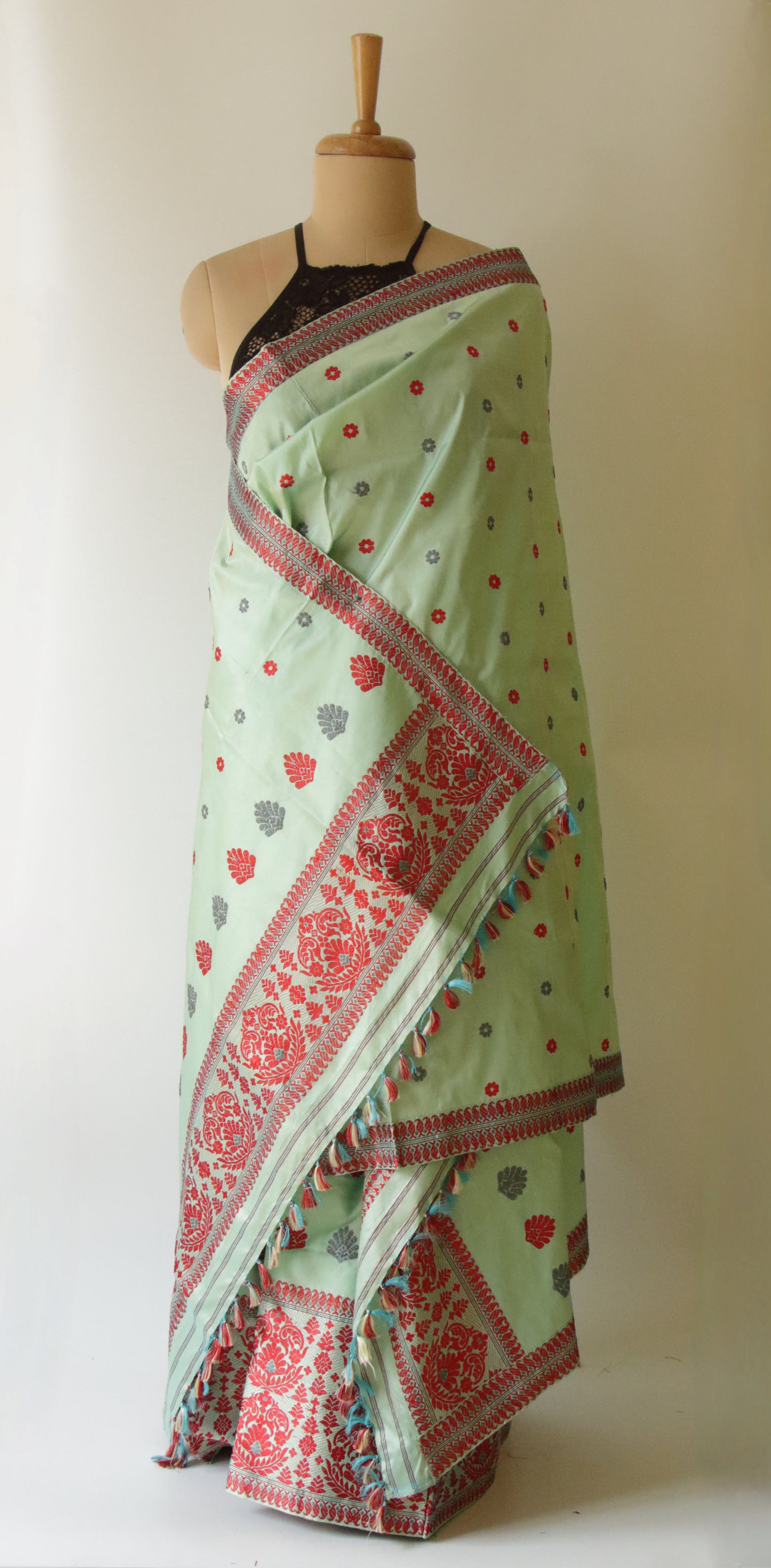 Soft Green  Mulberry Silk Mekhela Chador Set from Assam