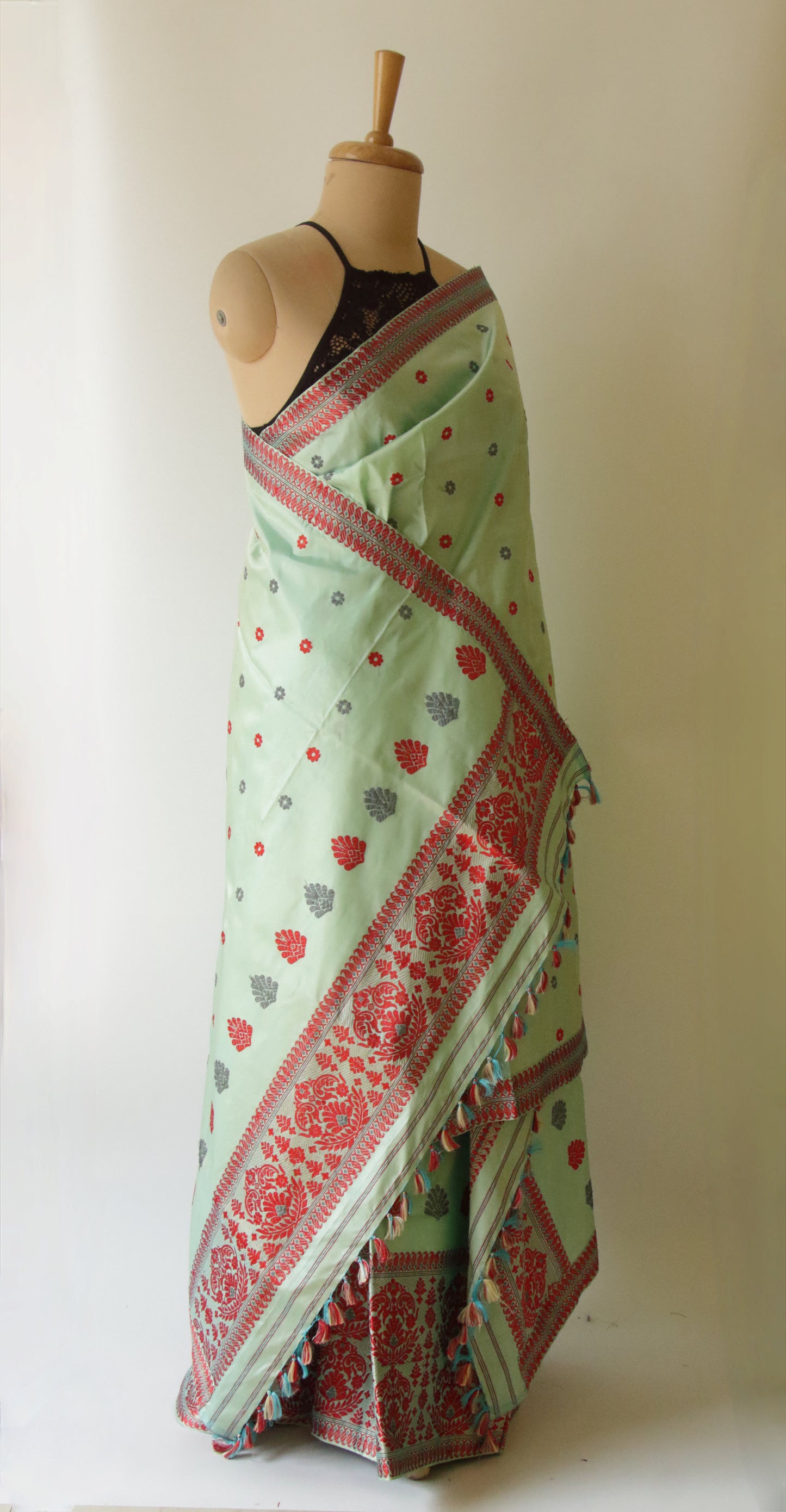 Soft Green  Mulberry Silk Mekhela Chador Set from Assam