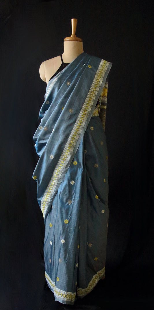 Greyish Blue Colour Handloom Silk Saree from Assam