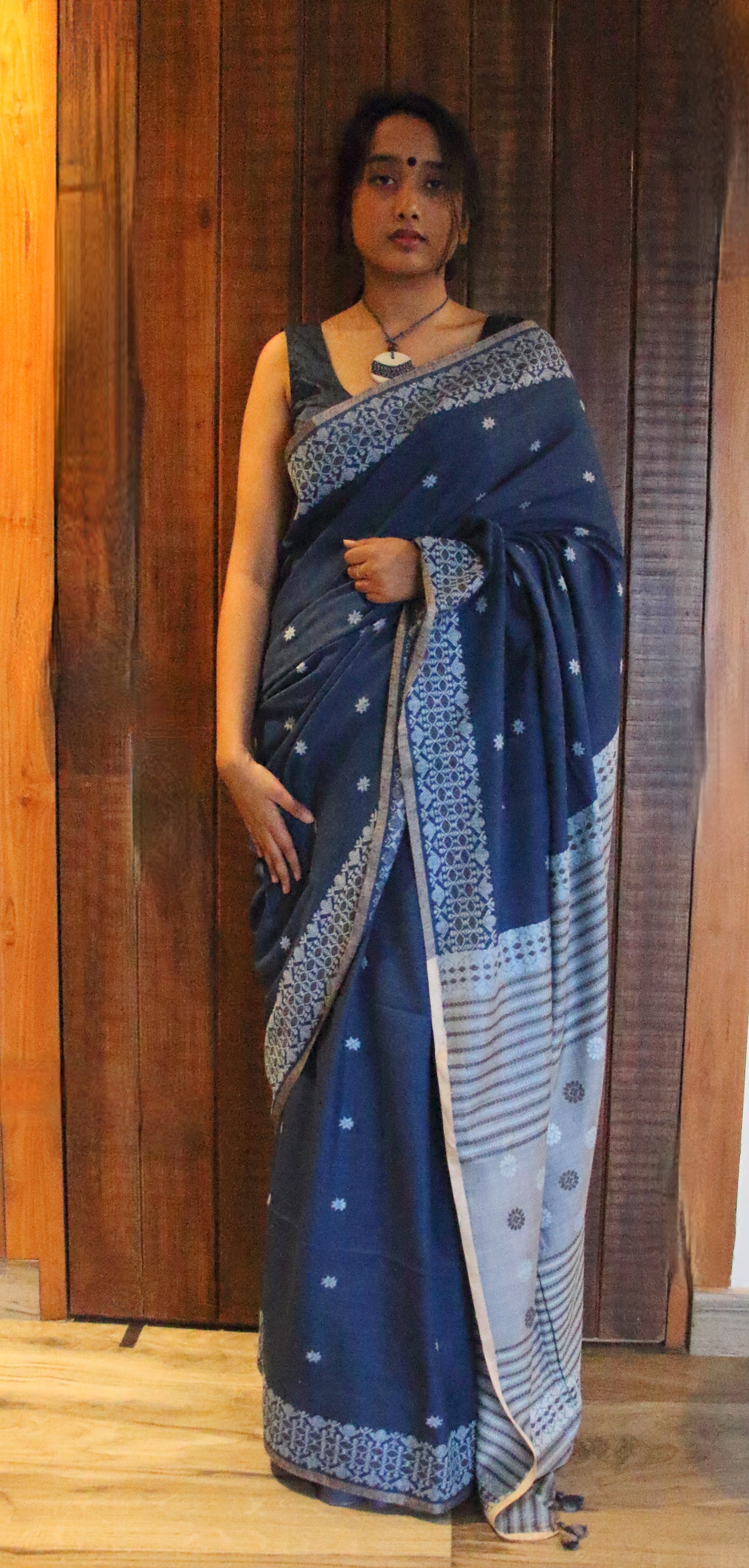 Natural Indigo Dyed Handloom Eri Silk Sari from Assam