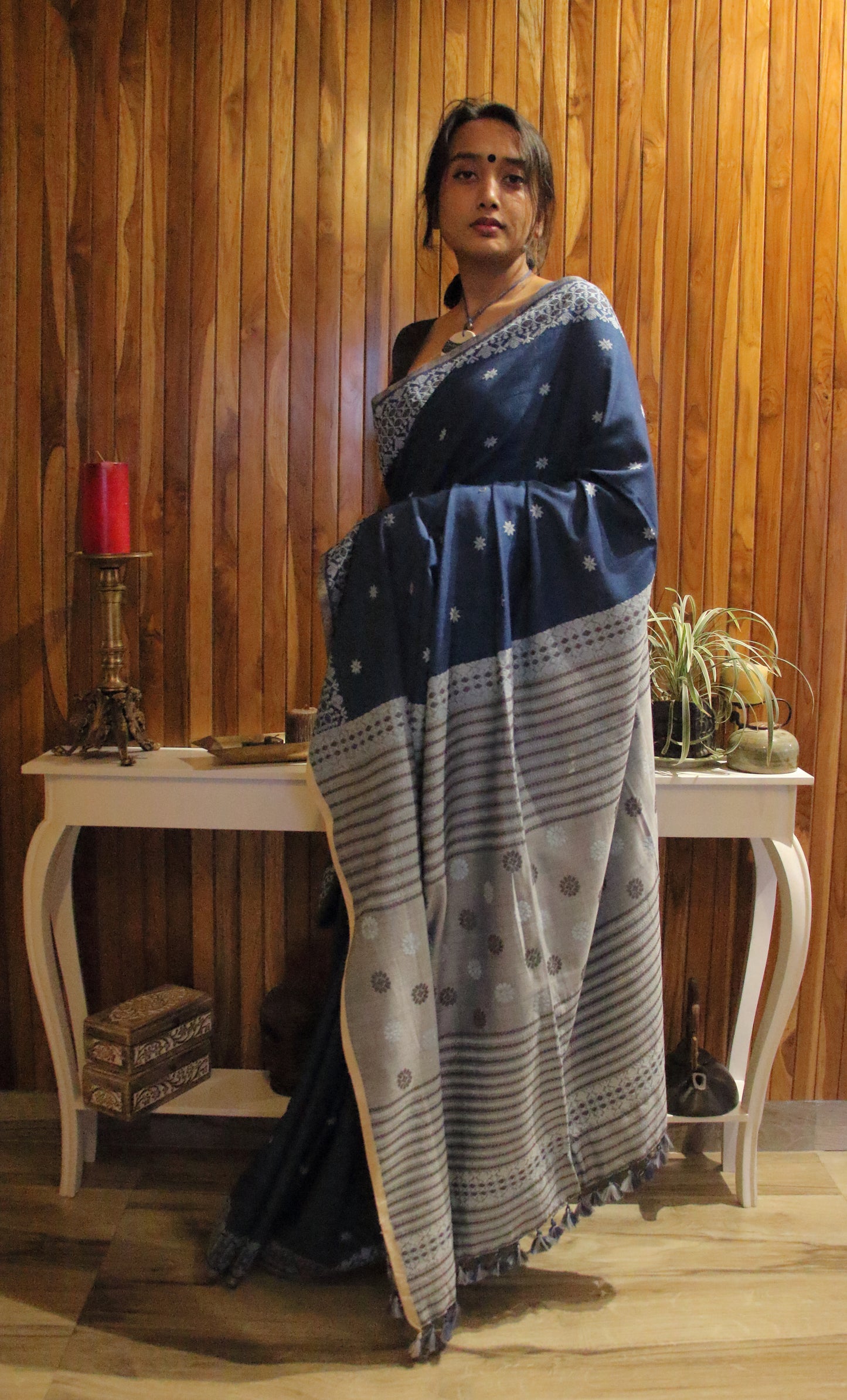Natural Indigo Dyed Handloom Eri Silk Sari from Assam