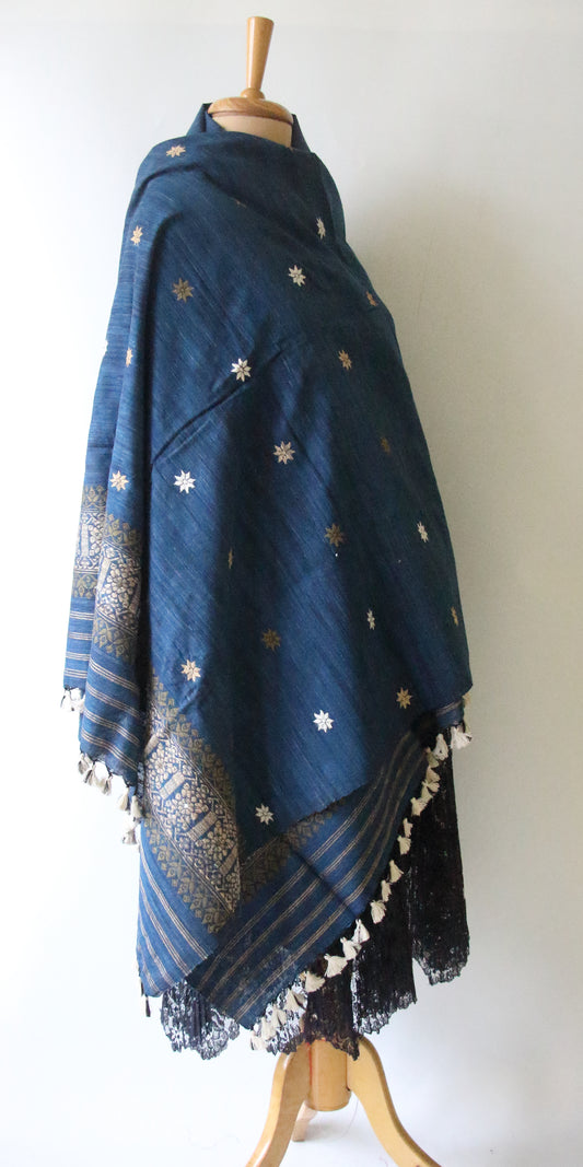 Handwoven Indigo Natural Dyed Hand Spun Eri Silk Shawl From Assam