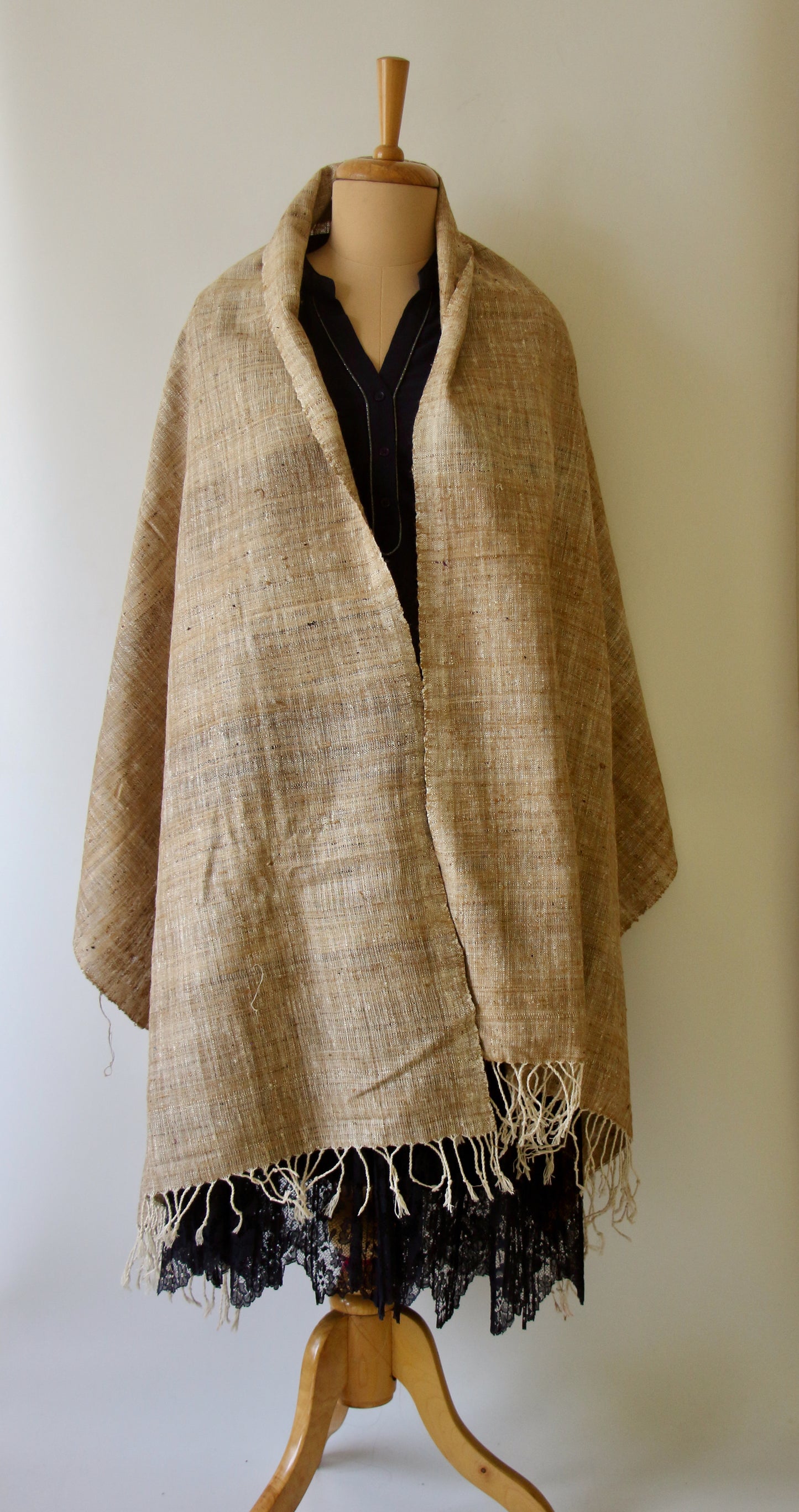 Handwoven Natural coloured Hand Spun Eri Silk & Muga Ghicha Shawl from Assam