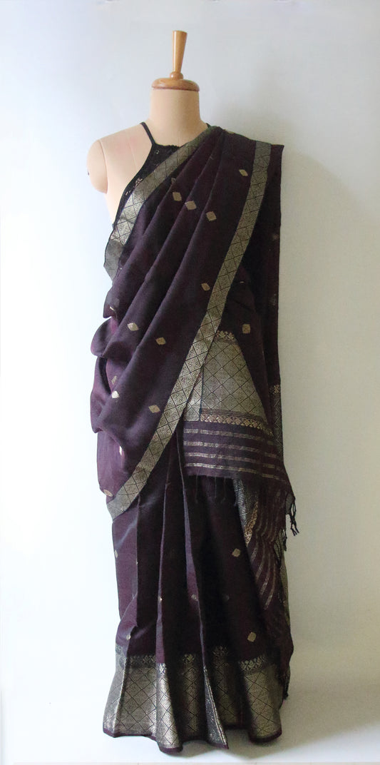 Dark Purple Natural dyed Cotton Silk Handloom Mekhela Chador Set from Assam
