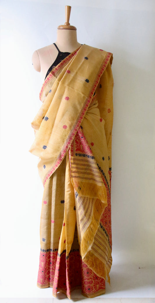 Natural Dyed Yellow Cotton Silk Handloom Mekhela Chador Set from Assam