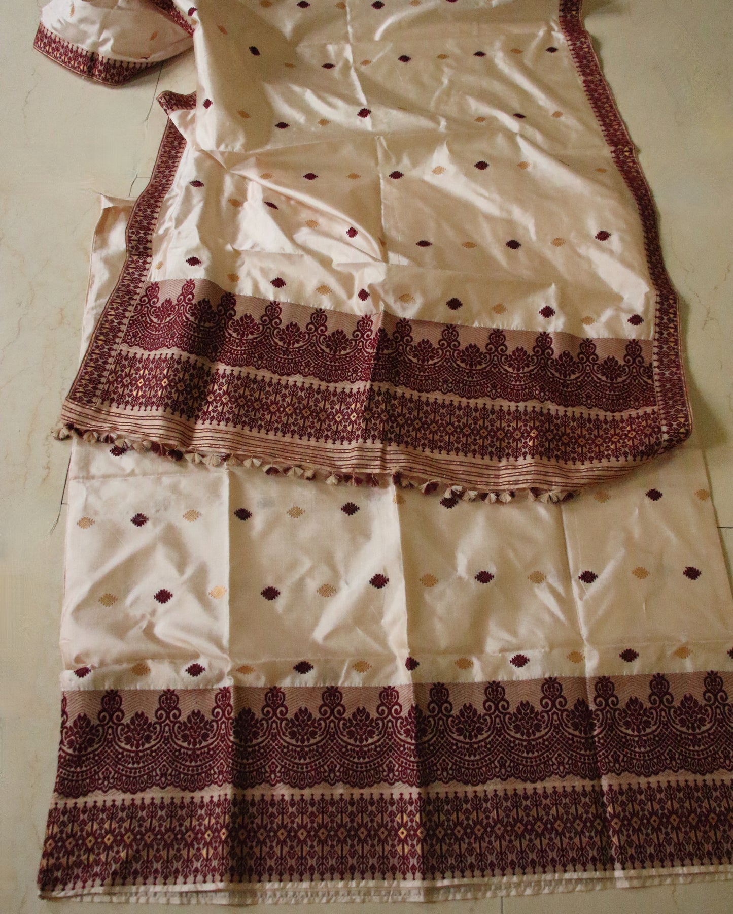 Soft Golden Beige Traditional Silk Mekhela Chador Set from Assam