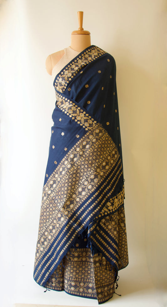 Natural Indigo Dyed Eri Silk Traditional Mekhela Chador Set