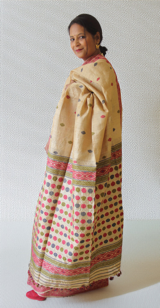 Muga Silk Saree with natural dyed Eri Silk  motifs from Assam