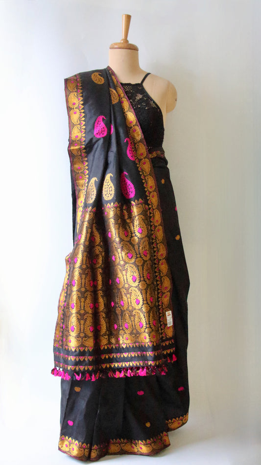 Black Colour Handloom Mulberry Silk Saree from Assam
