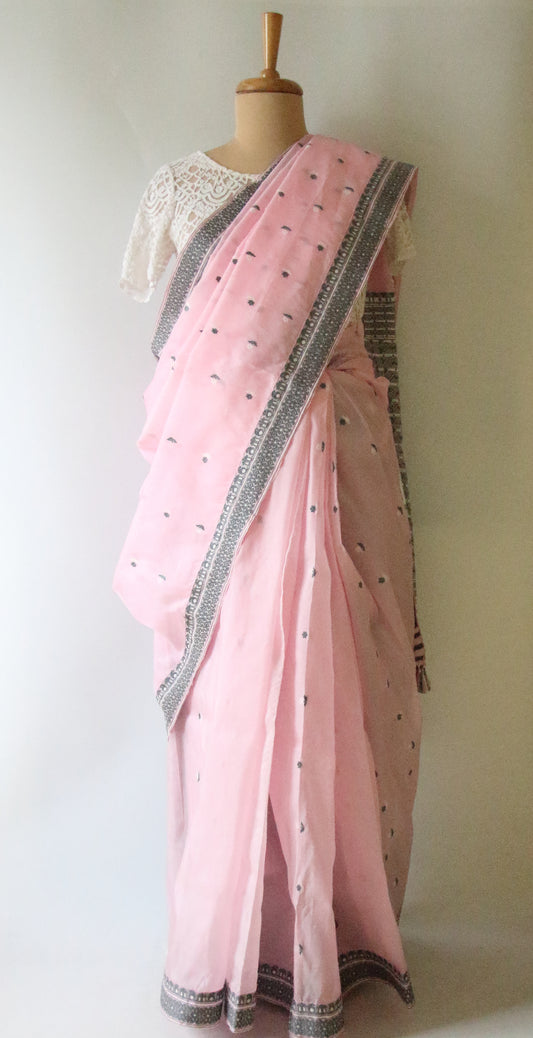 Soft Pink Handloom Mulberry Silk / Organza Saree from Assam