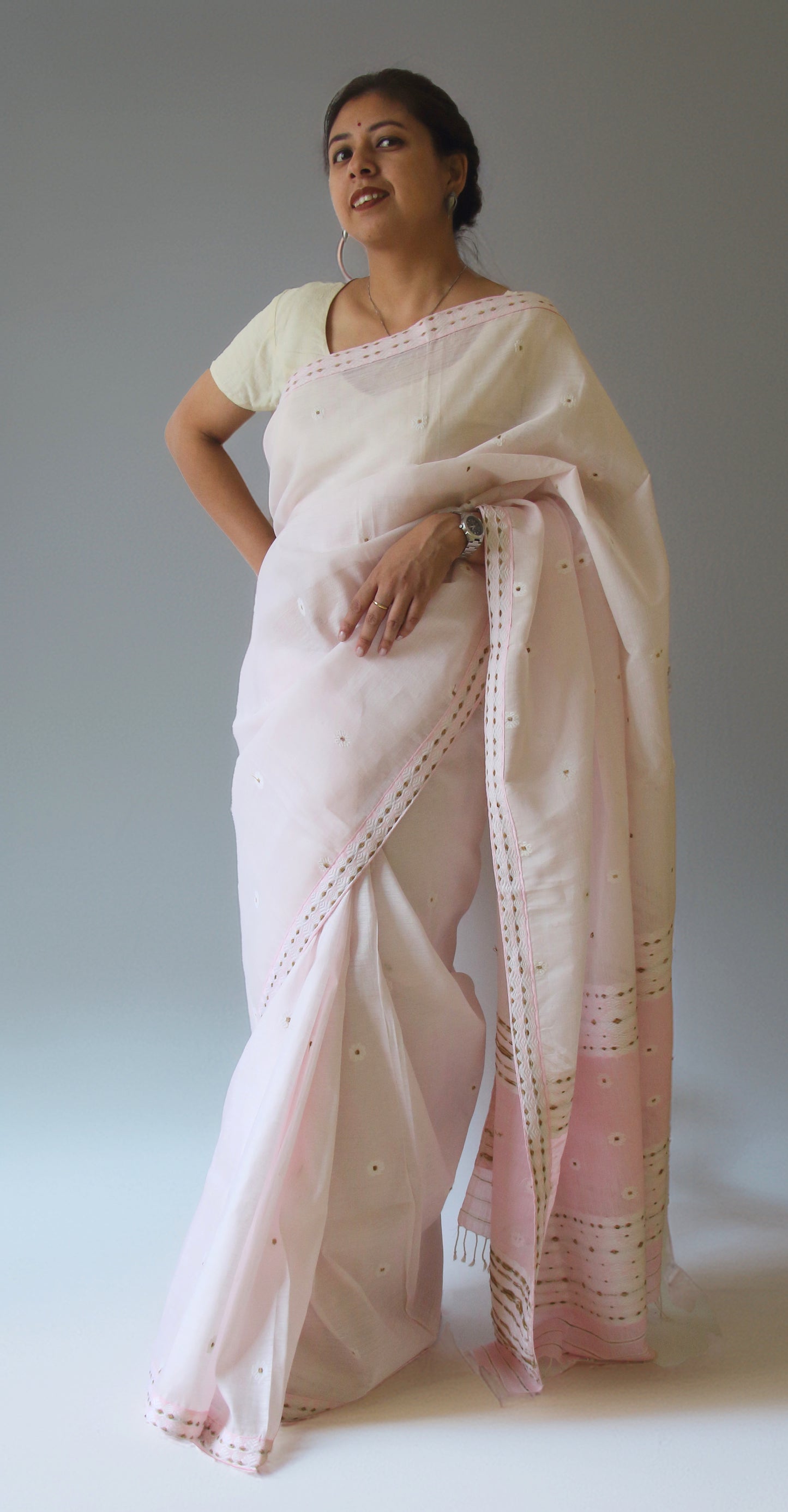 Soft Pink  Handloom Cotton Silk Saree from Assam