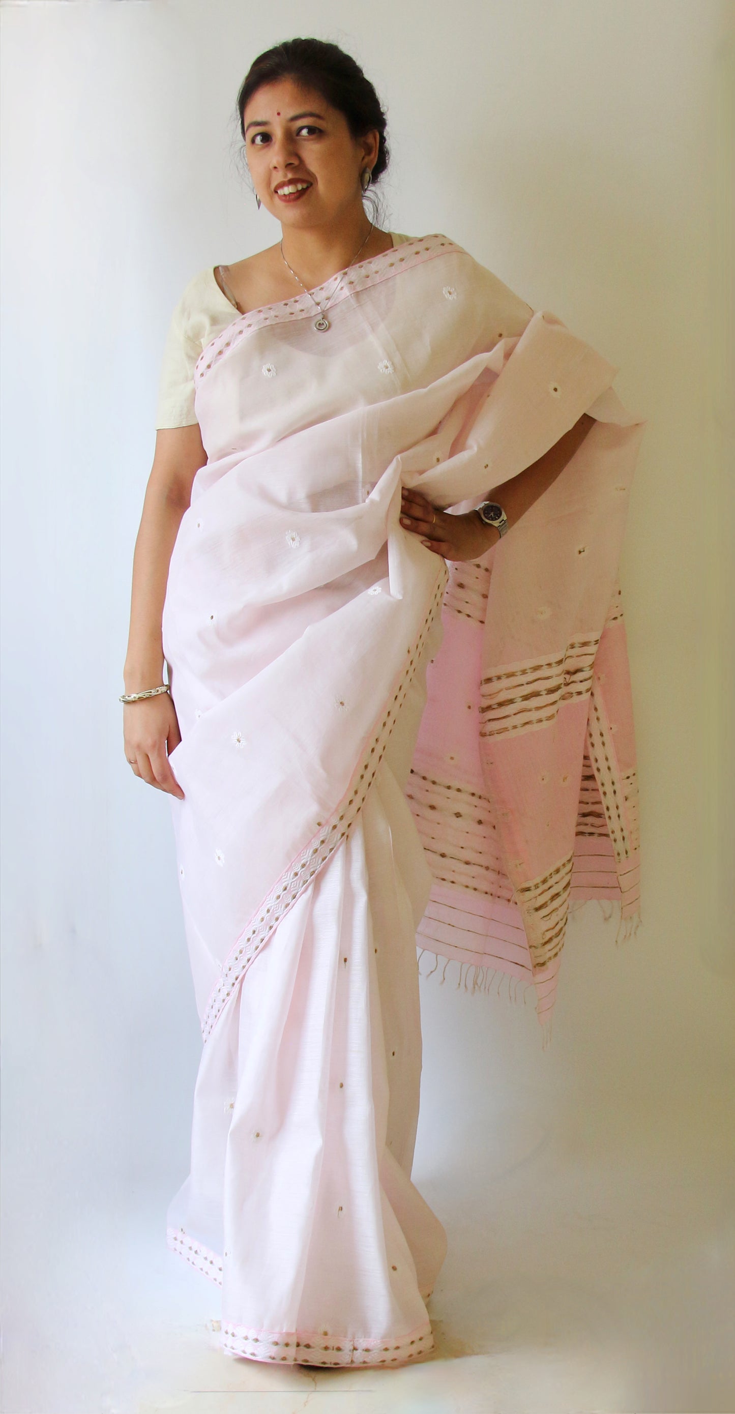 Soft Pink  Handloom Cotton Silk Saree from Assam