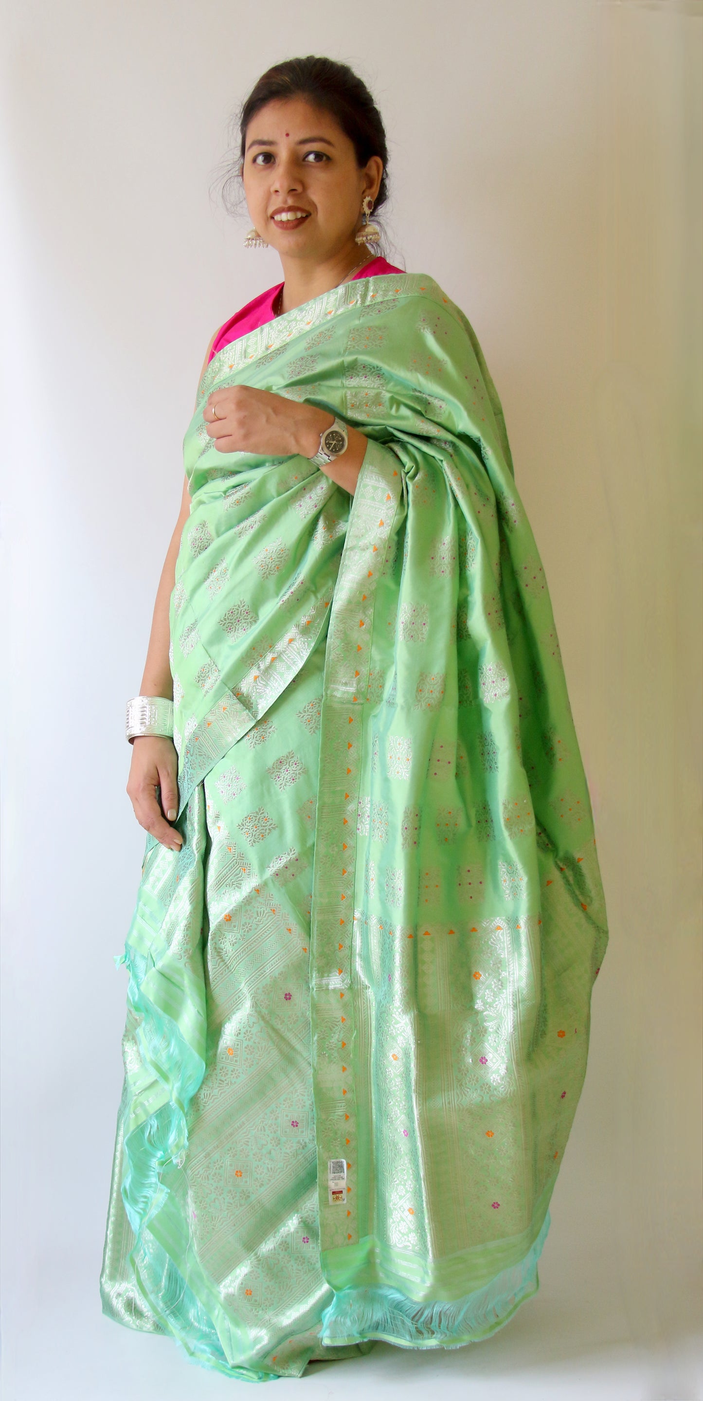 Light Pista Green Mulberry Silk Mekhla Chador Set
