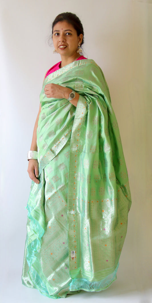 Light Pista Green Mulberry Silk Mekhla Chador Set