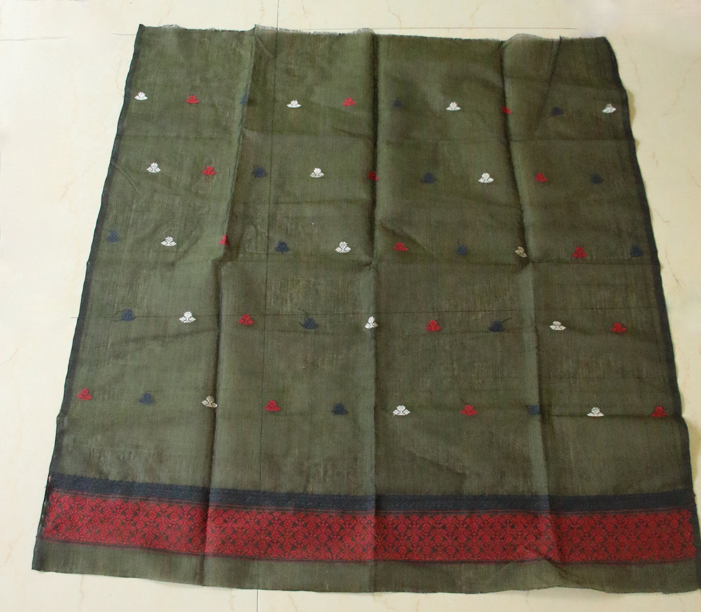 Natural Dyed Bottle Green Cotton Silk Handloom Mekhela Chador Set from Assam