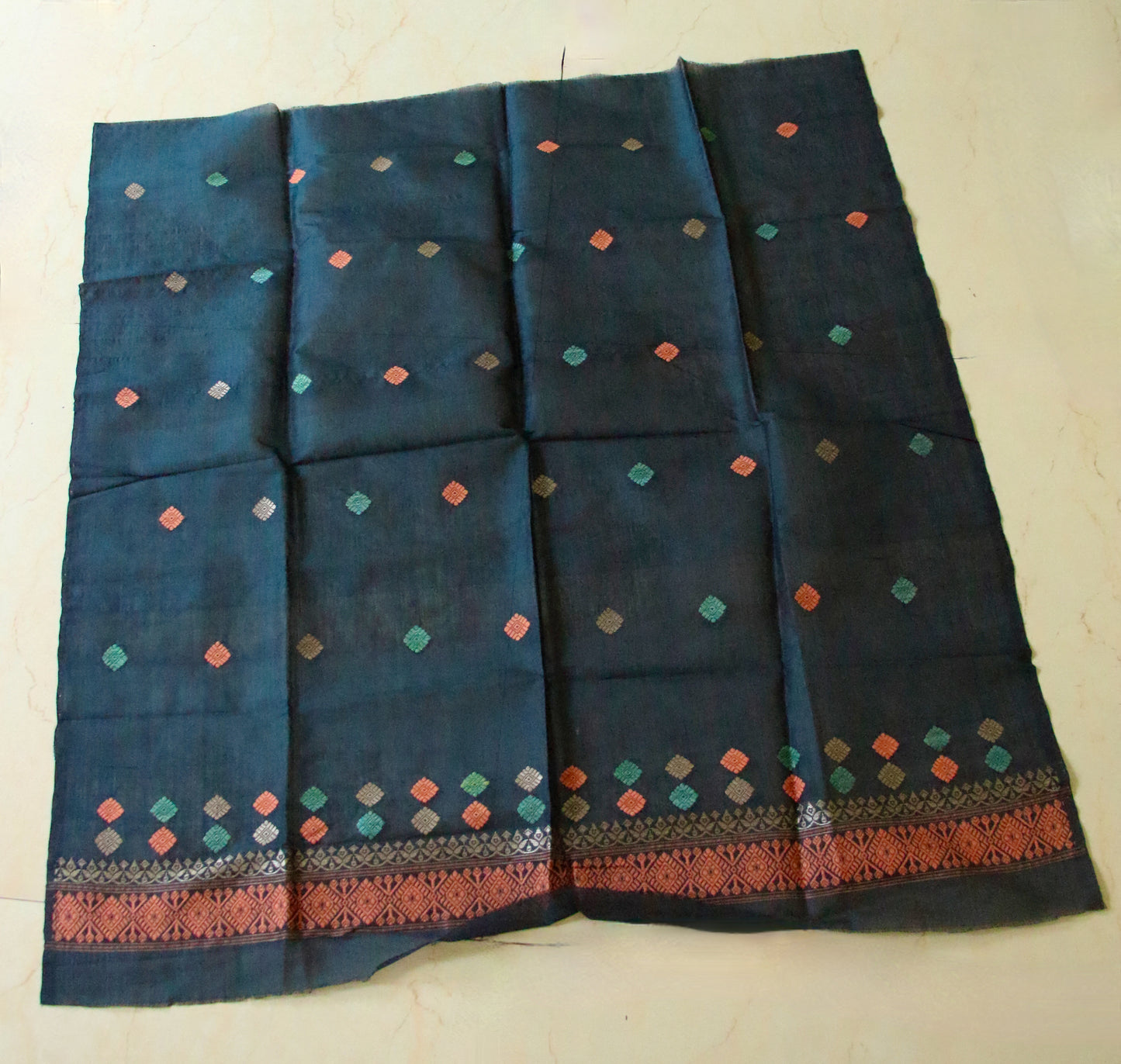 Peacock Blue Natural dyed Cotton Silk Handloom Mekhela Chador Set from Assam