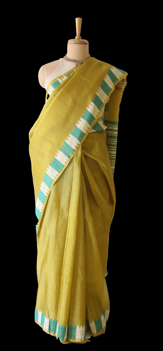 Bright Olive Green Handloom Modal by Silk Saree from Assam