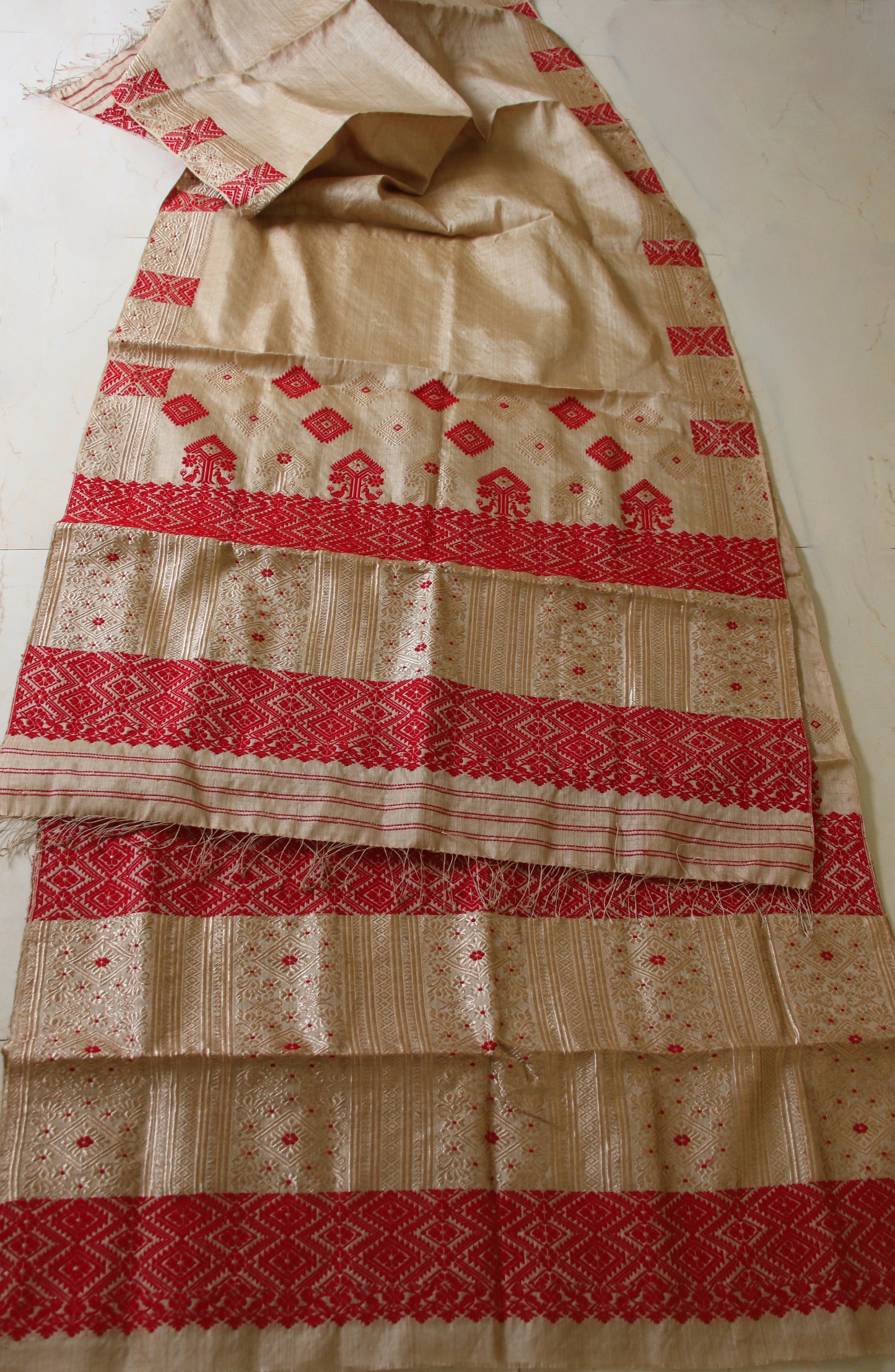Bridal Classic Muga Silk Mekhla Chador Set in Red & Zari motifs from Assam -Made to Order