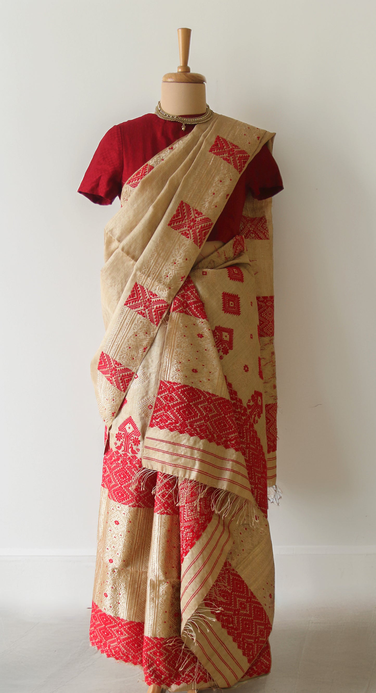 Bridal Classic Muga Silk Mekhla Chador Set in Red & Zari motifs from Assam -Made to Order
