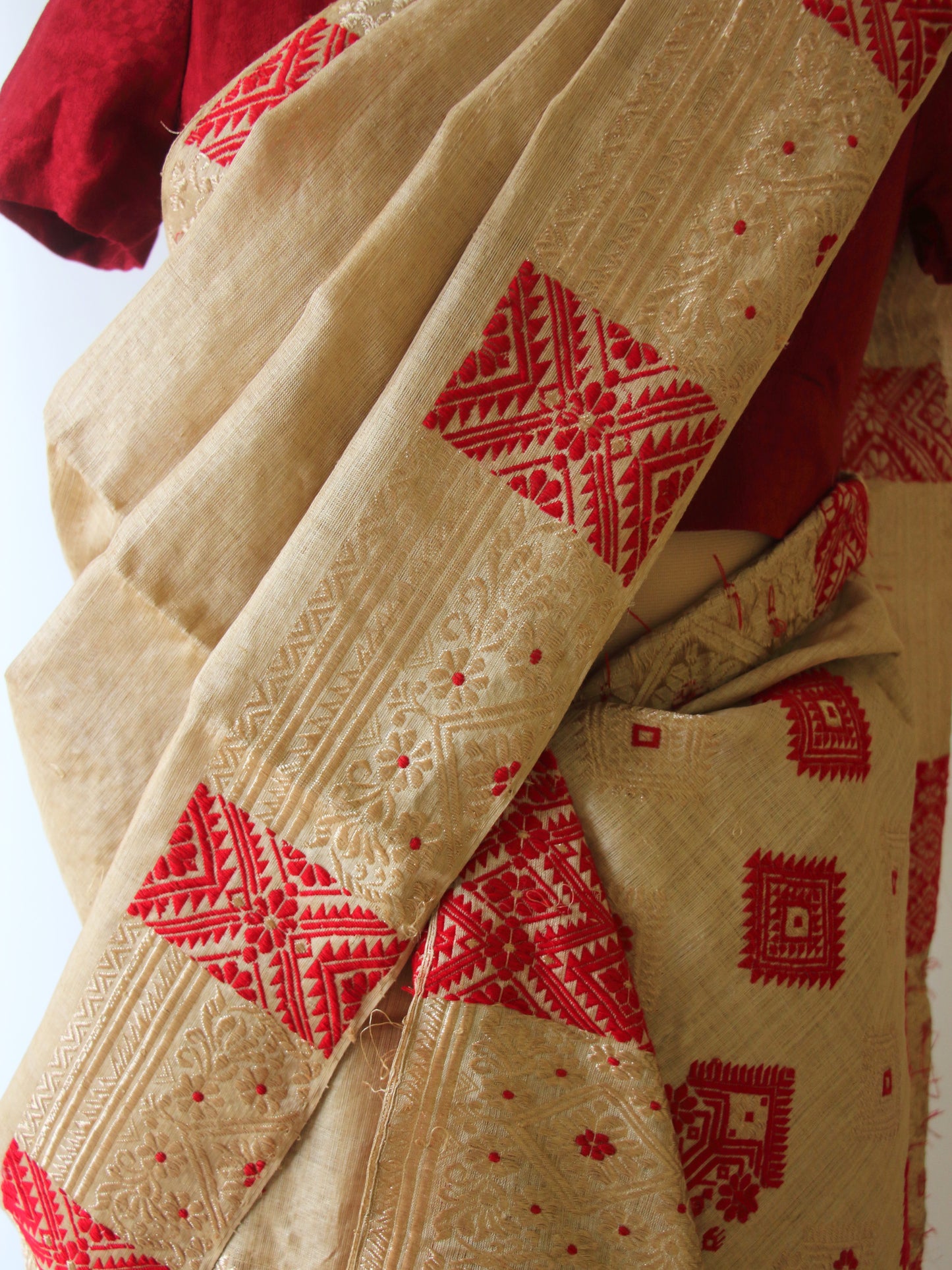 Bridal Classic Muga Silk Mekhla Chador Set in Red & Zari motifs from Assam -Made to Order