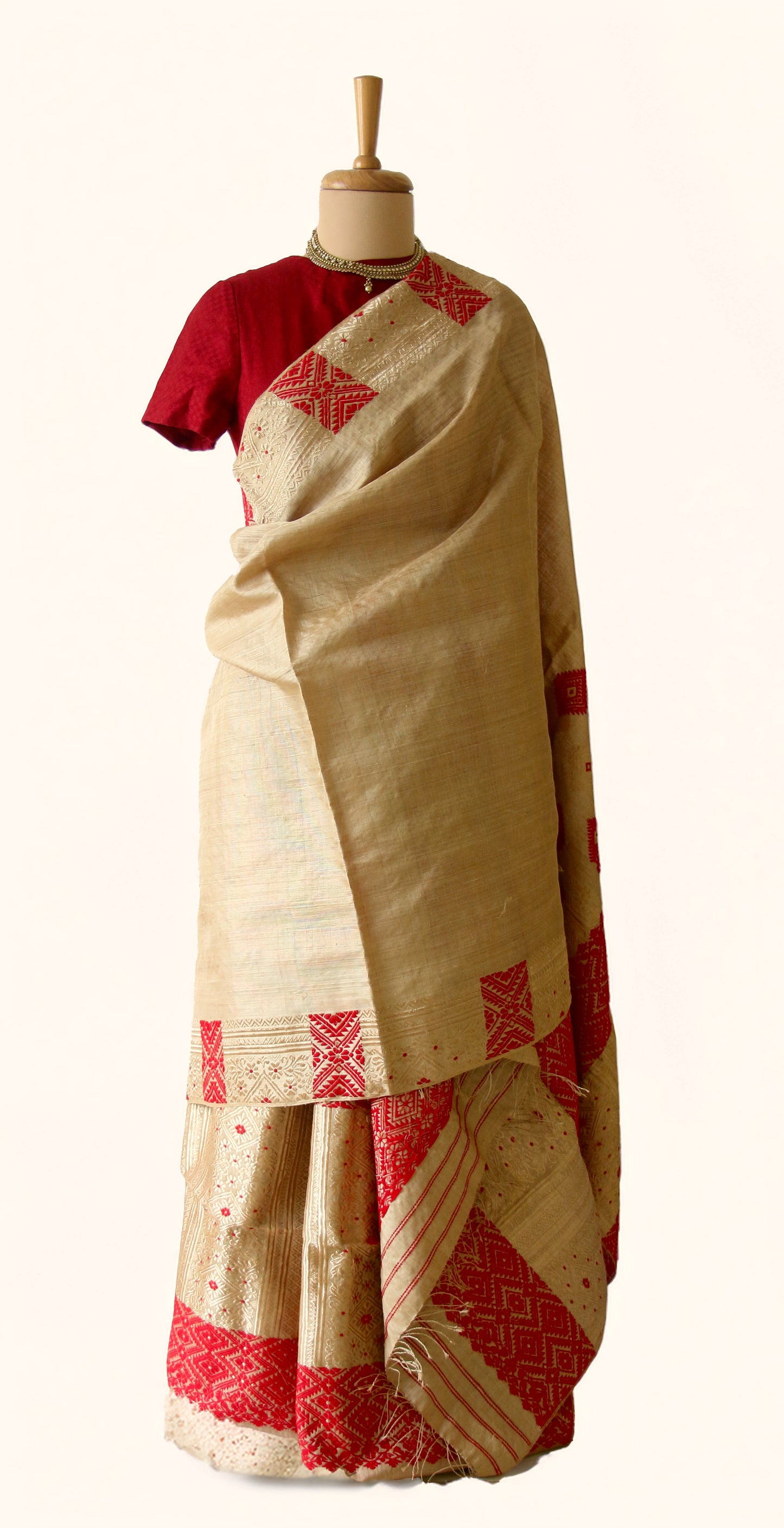 Bridal Classic Muga Silk Mekhla Chador Set in Red & Zari motifs from Assam -Made to Order
