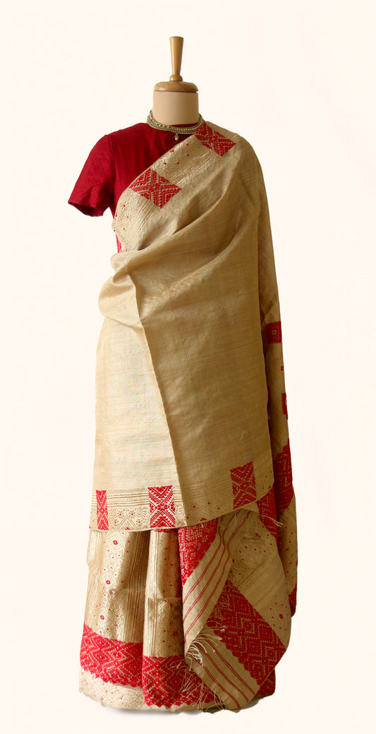 Bridal Classic Muga Silk Mekhla Chador Set in Red & Zari motifs from Assam -Made to Order