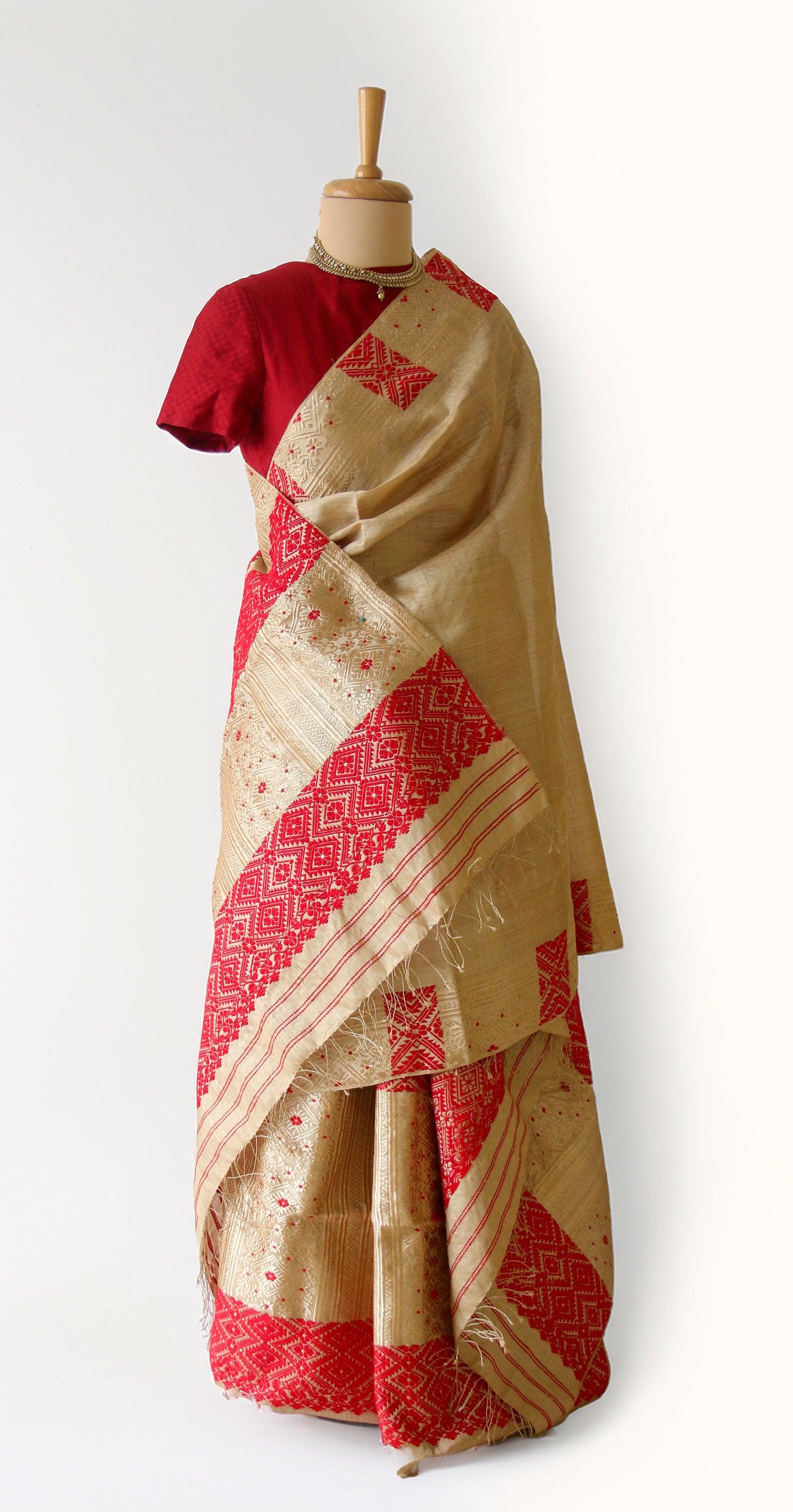 Bridal Classic Muga Silk Mekhla Chador Set in Red & Zari motifs from Assam -Made to Order