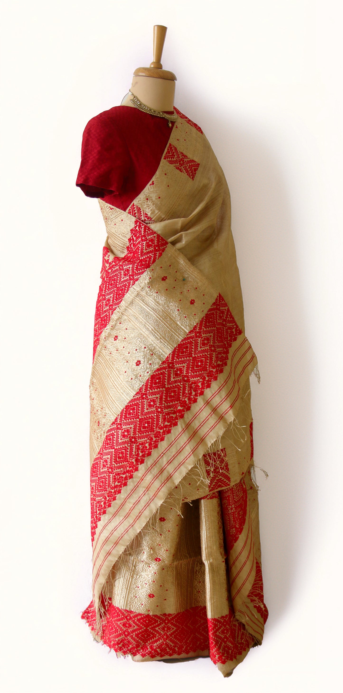 Bridal Classic Muga Silk Mekhla Chador Set in Red & Zari motifs from Assam -Made to Order
