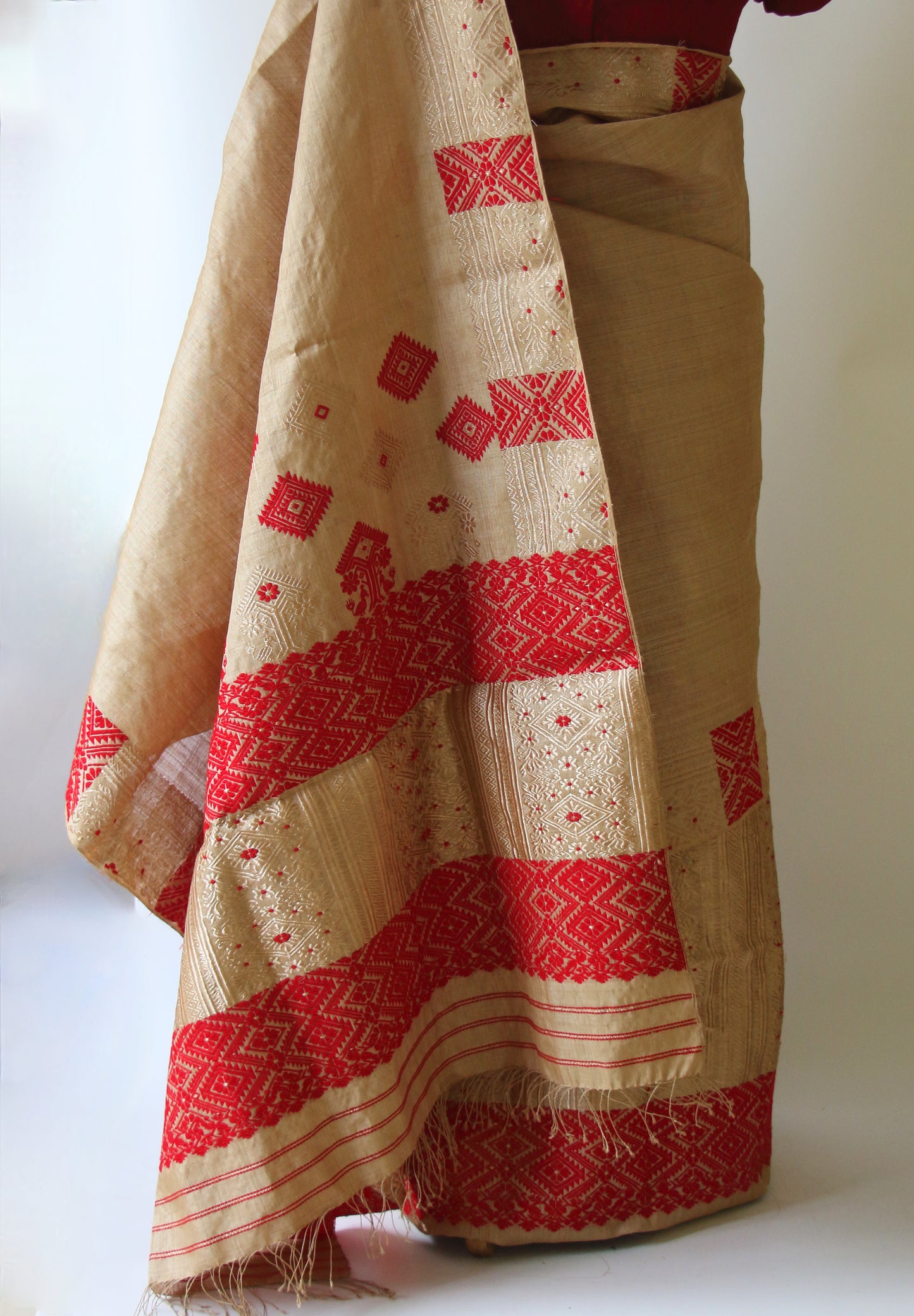 Bridal Classic Muga Silk Mekhla Chador Set in Red & Zari motifs from Assam -Made to Order