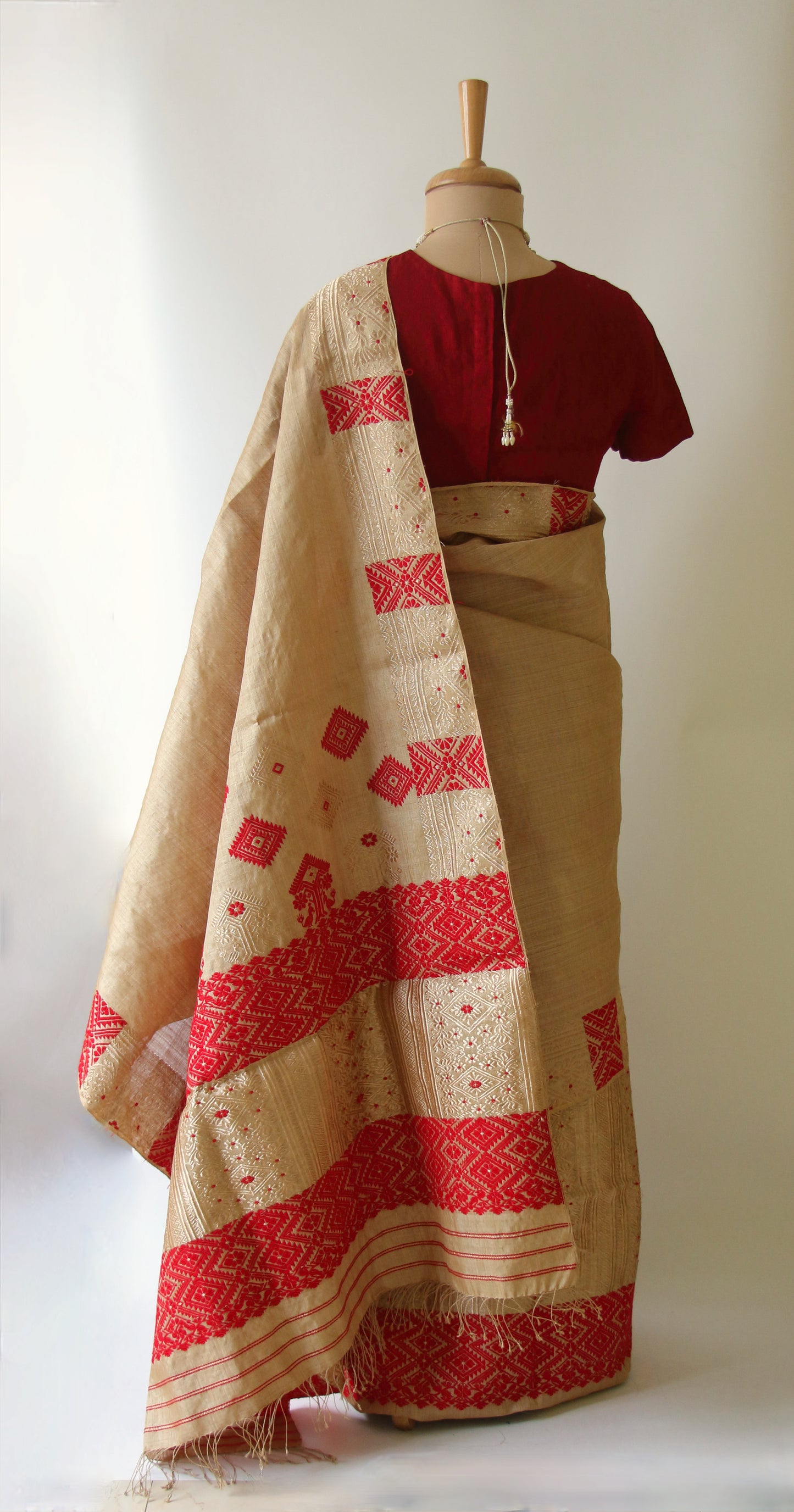 Bridal Classic Muga Silk Mekhla Chador Set in Red & Zari motifs from Assam -Made to Order